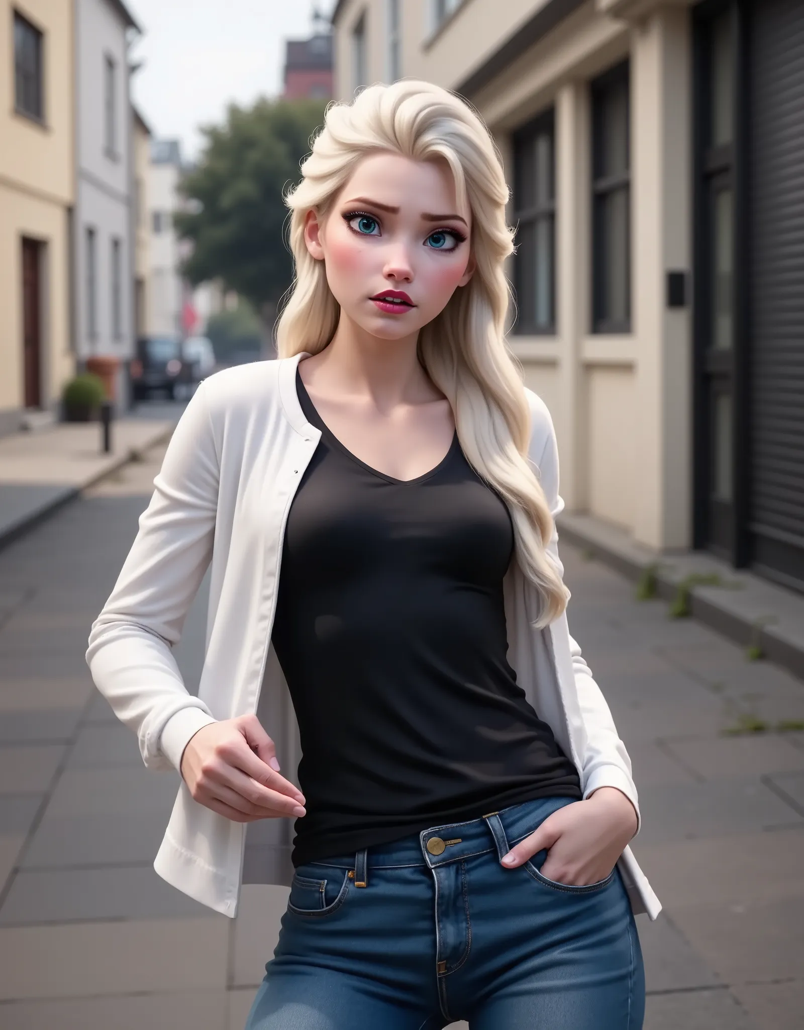 Elsa has a black shirt and white jacket, And she's wearing jeans..Get out