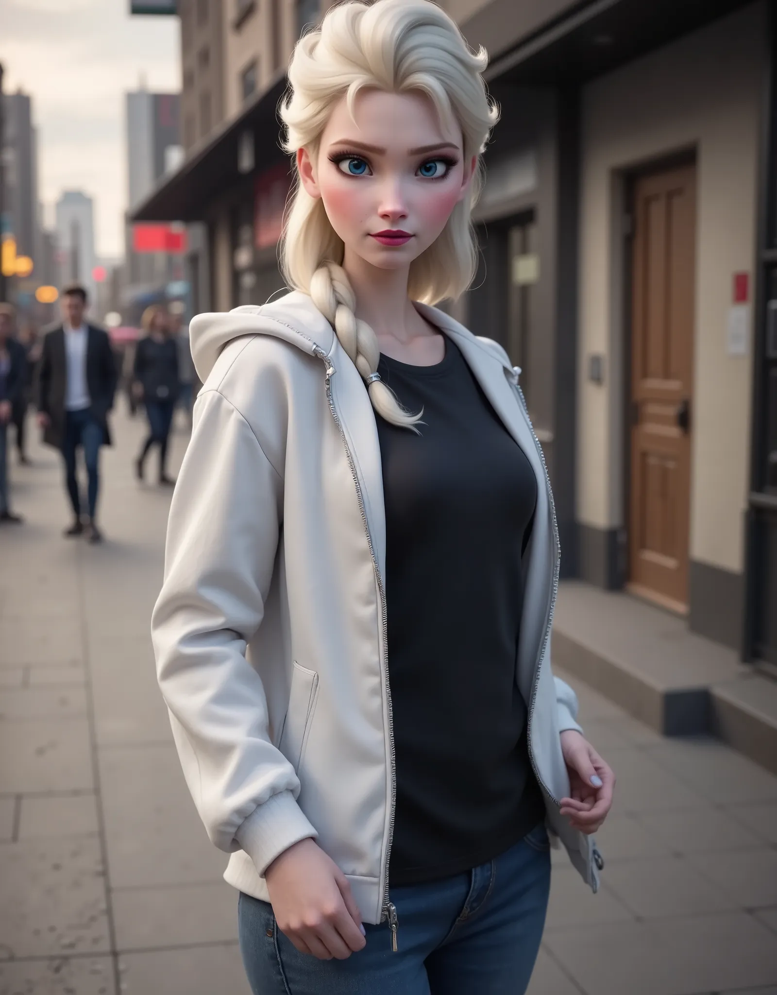 Elsa has a black shirt and white jacket, And she's wearing jeans..Get out