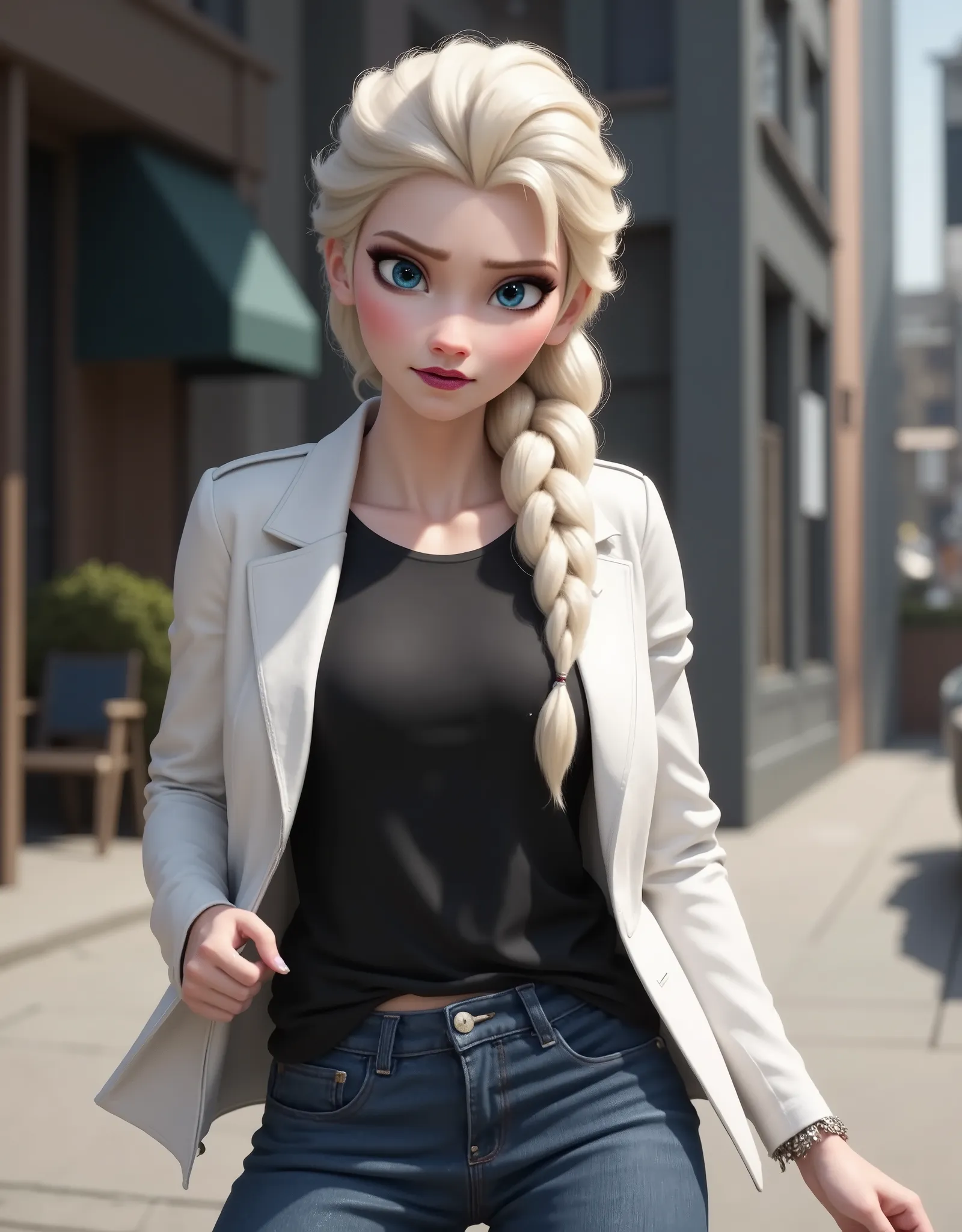 Elsa has a black shirt and white jacket, And she's wearing jeans..Get out