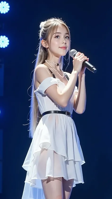 A young female singer sings into the microphone on the stage，Wearing an elegant white off-the-shoulder dress，Ruffled skirt，A thin black belt is tied around the waist。Her long flowing hair，Beautiful and detailed face with red lipstick 。The stage is illumina...