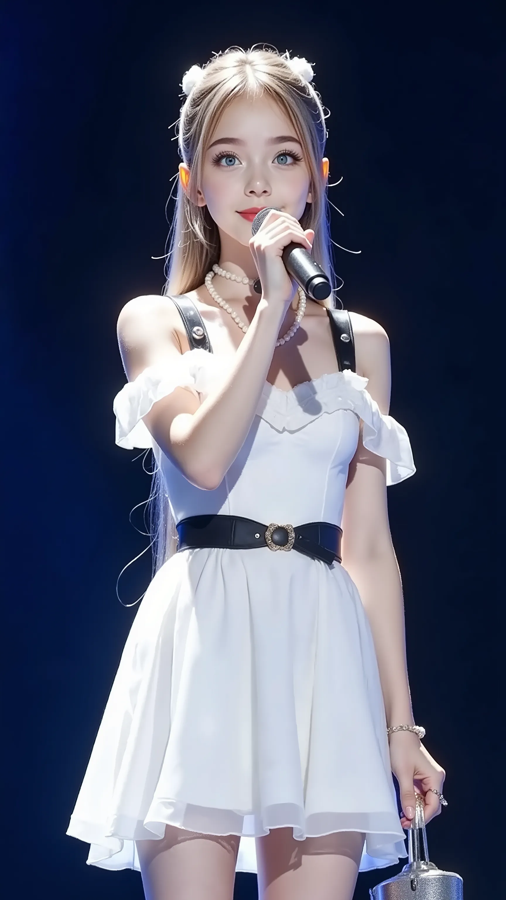 A young female singer sings into the microphone on the stage,Wearing an elegant white off-the-shoulder dress,Ruffled skirt,A thin black belt is tied around the waist。Her long flowing hair,Beautiful and detailed face with red lipstick 。The stage is illumina...