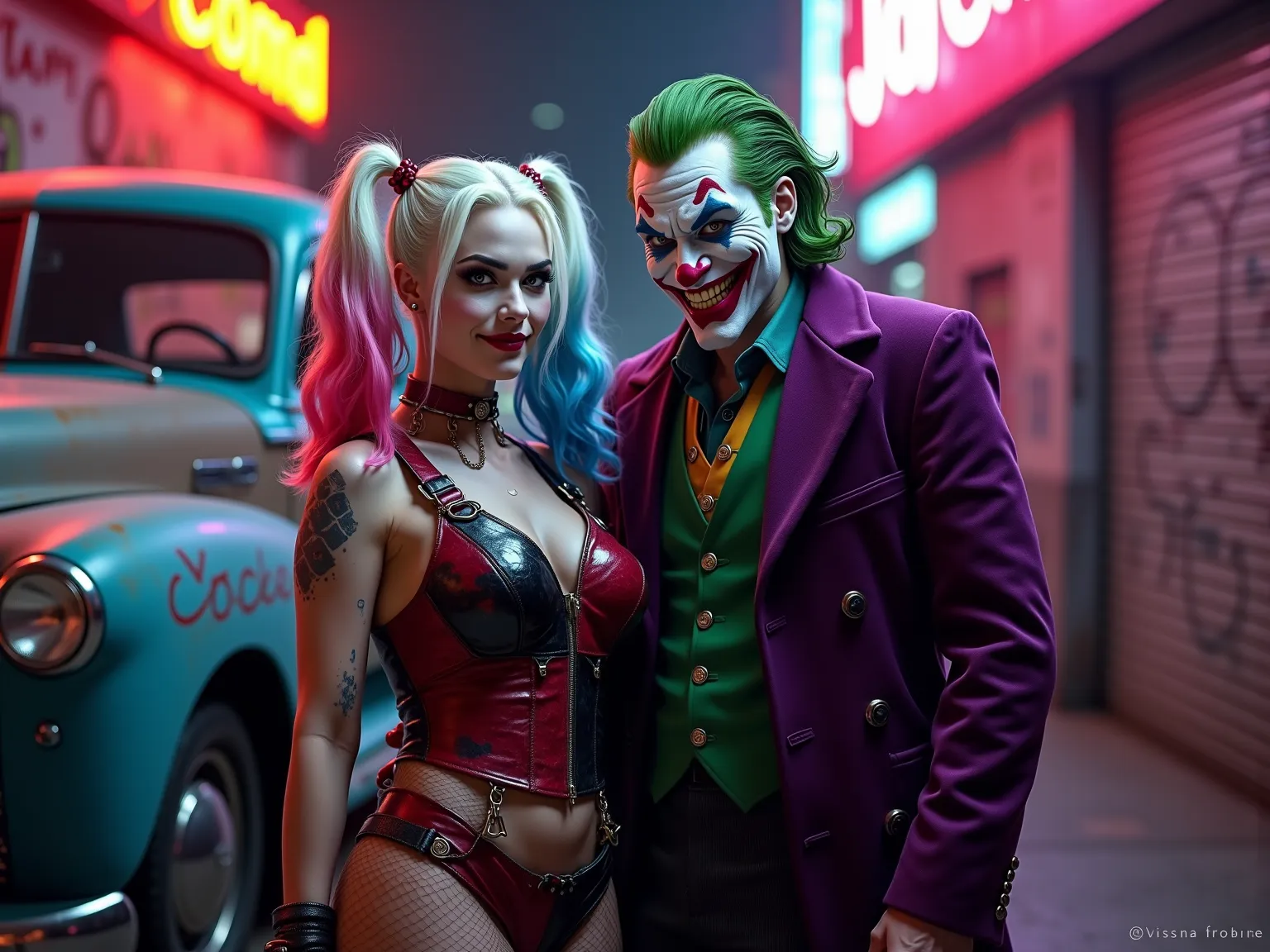 masterpiece, high resolution, highly detailed, shiny black, 1948 Chevrolet panel truck, (parked at an angle)with the Joker and Harley Quinn graphics, "A hyper-realistic, highly detailed 8K portrait of Harley Quinn and the Joker standing together , neon-lit alley. Harley Quinn has pale white skin, striking blue and pink split-dyed hair in pigtails, bold red and blue eye makeup, a mischievous smirk, and is wearing her iconic red and black leather outfit with diamond patterns, studded accessories, and fishnet stockings. Her face texture is smooth with light freckles and a subtle sheen. The Joker stands beside her with green slicked-back hair, white painted skin, a maniacal grin showing yellowed teeth, intense green eyes, and deep facial wrinkles. He wears a purple velvet coat, a green vest, and a gold chain. Their body poses are confident and chaotic, surrounded by graffiti, standing next to the panel truck, and neon glowing signs. Ultra-detailed textures on their clothing, skin, and expressions, cinematic lighting, photorealistic style." (((Camera MUST get their Full bodies in the photo))) (((professional photography))). 