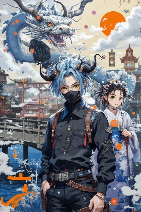 solo,looking at viewer,short hair,long sleeves,1boy,blue hair,yellow eyes,male focus,cowboy shot,horns,belt,black shirt,black pants,heterochromia,facial mark,buckle,single horn,high collar,mouth mask,covered mouth,black mask1girl,hair ornament,flower,horns...