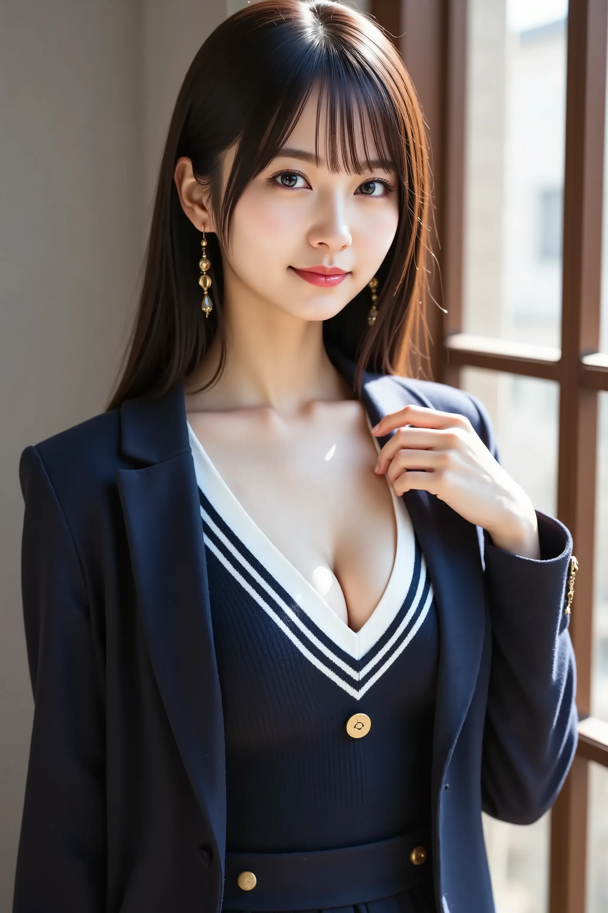 Subject: a slender realistic female with pumped firm full breasts and a wide, deep, boldly emphasized cleavage, wearing a crisp white collared shirt beneath a navy V-neck sweater vest trimmed with white stripes, layered under a tailored navy blazer bearing...