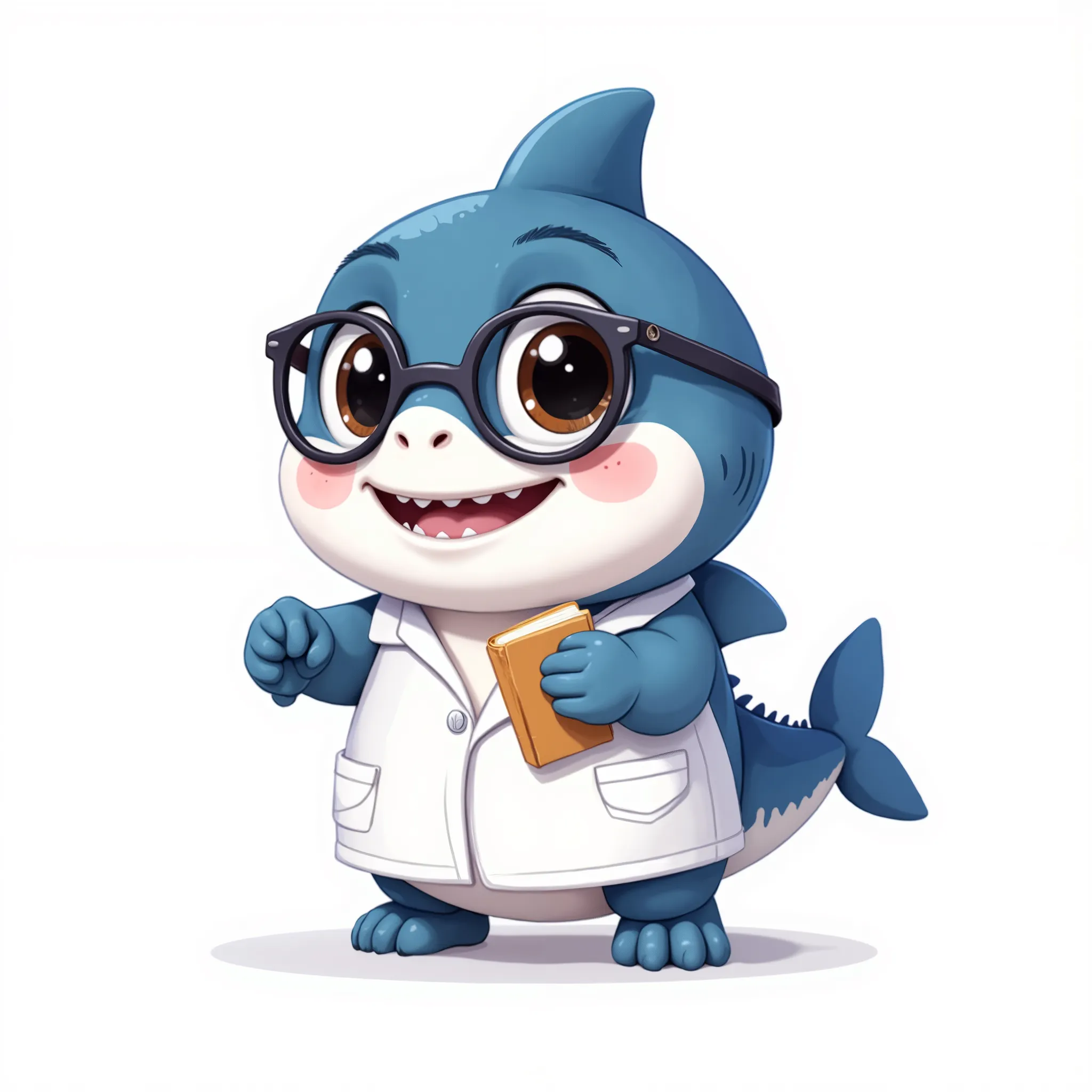 cute chibi-style shark mascot, standing upright, big round eyes, wearing round glasses and a small white lab coat, holding a little book, smiling curiously, blue and white color scheme, cartoon vector style, clean white background, simple shadow, education...