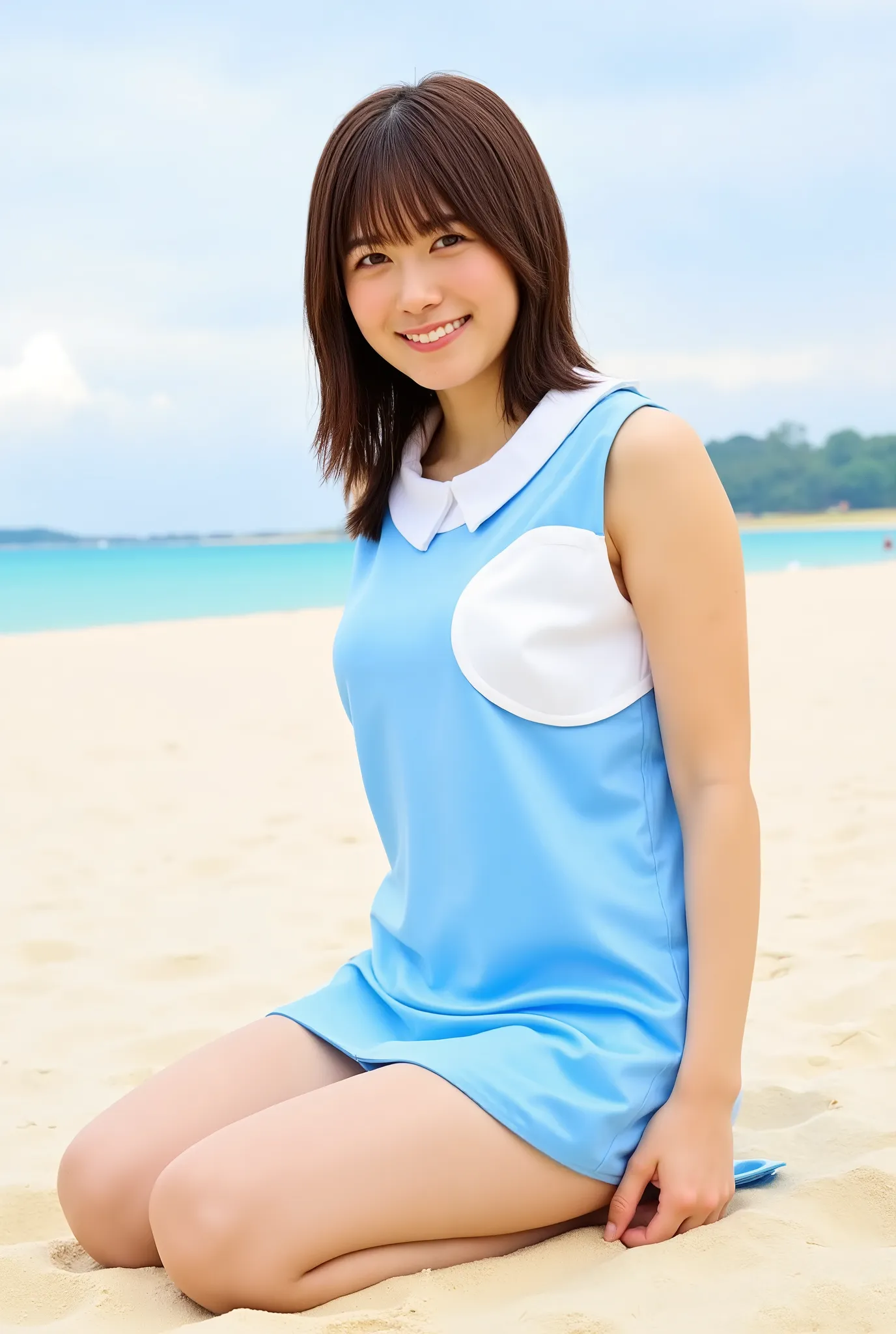 Sleeveless Super Mini Skirt Dress、Celorian Blue Super Mini Skirt Dress、big 、Kisaragi Honey's Outfit、Before Cutie Honey's Transformation、Warrior of Love、(white large round pattern)、open collar、White Button、The color of the collar is white、thighs、Sandy Beach...