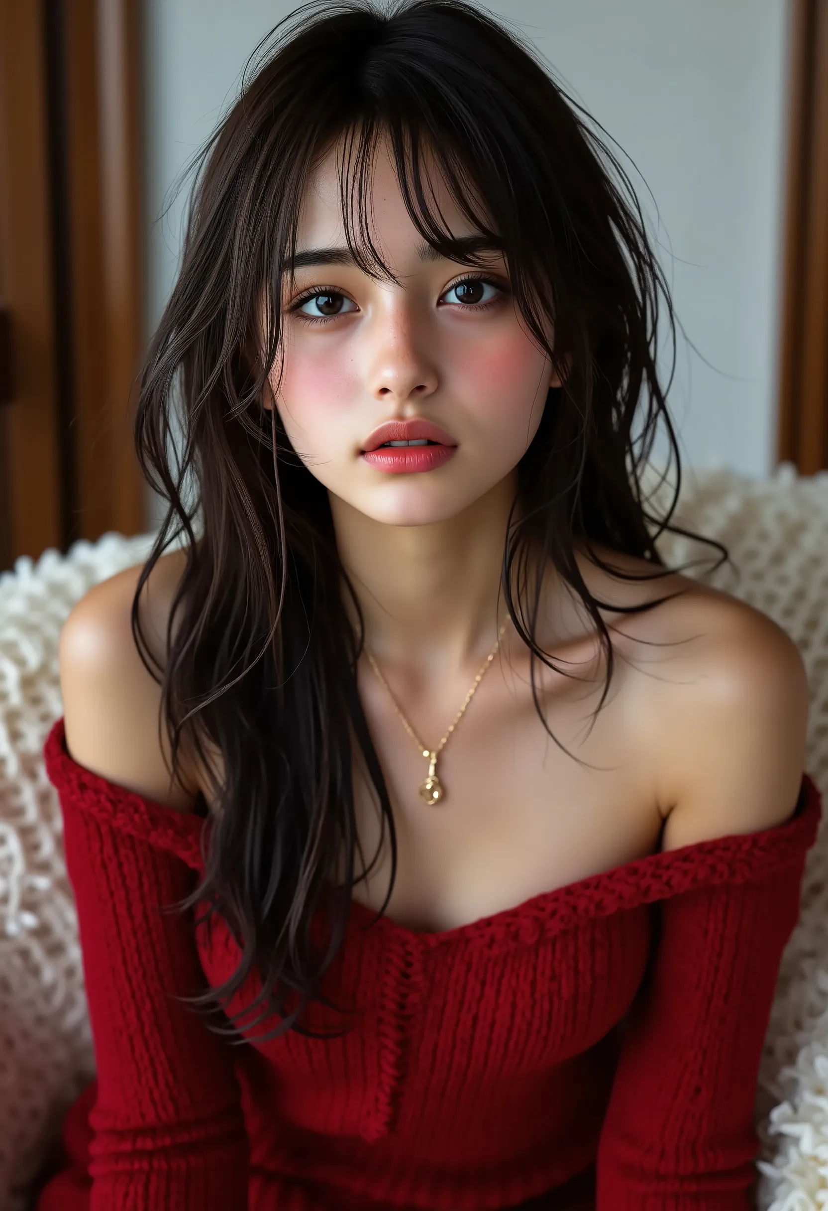 ((with text written on them)), ((Photorealistic:1.5)), (NSFW), Top quality, masterpiece, Ultra high resolution, realistic, absurd, ((very sexy pose)), ((black tight knit dress with off-shoulder and short length)), (1 person), ((very sexy and seductive pose...