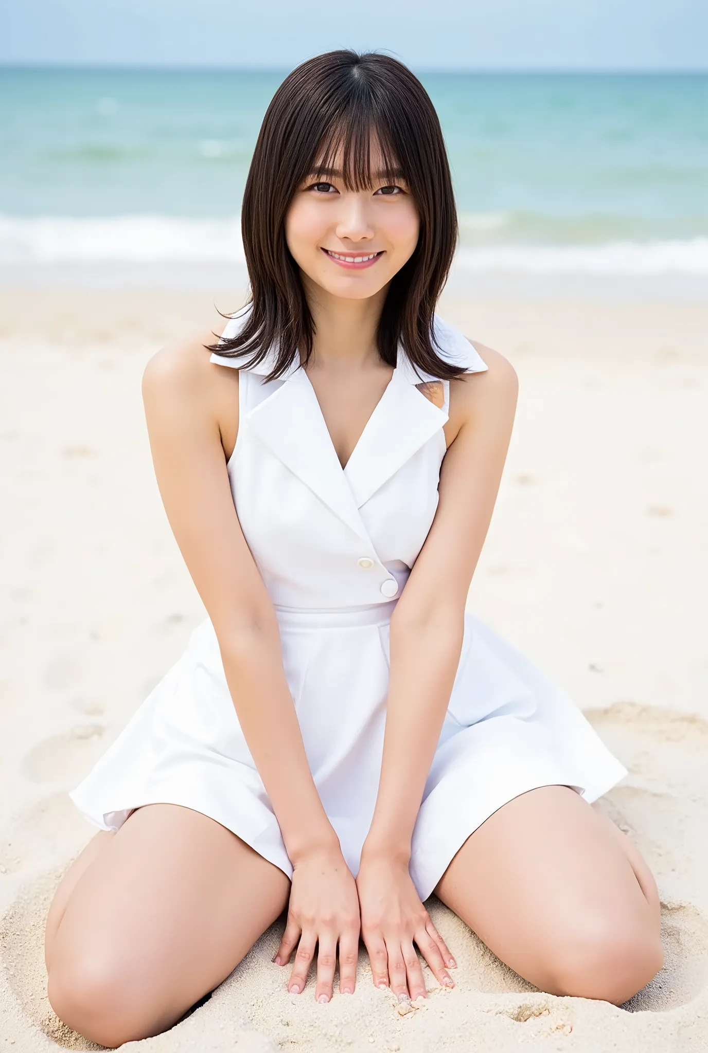 Sleeveless Ultra Mini Skirt Trench Dress、White Ultra Mini Skirt Trench Dress、big 、Kisaragi Honey's Outfit、Before Cutie Honey's Transformation、Warrior of Love、(Celorian Blue Big Round Pattern)、open collar、cleavage、White Button、The color of the collar is whi...