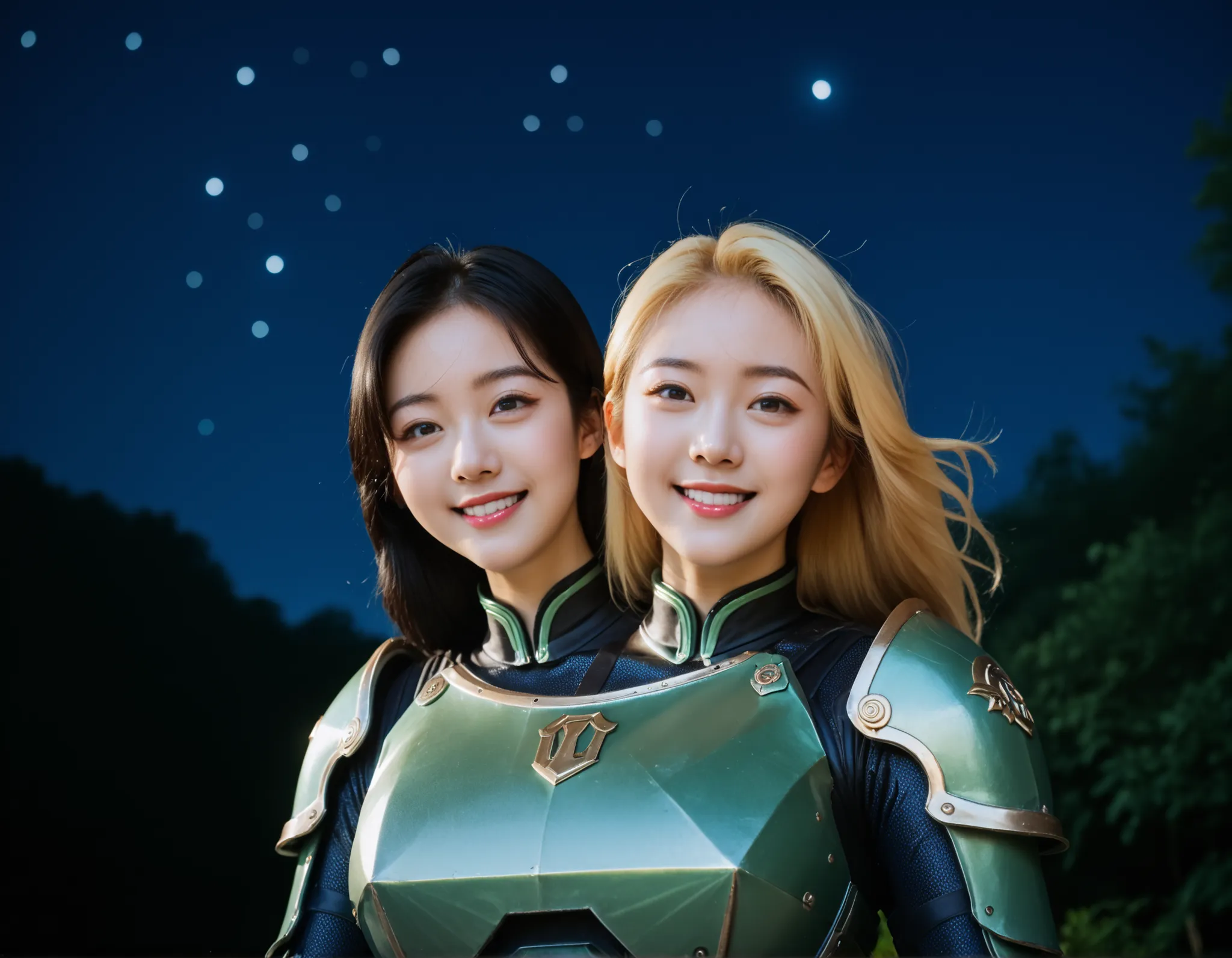 , photorealistic, best resolution,korean woman with two heads, 2girls, different hair colors, blonde hair, black hair, different hair lengths, long hair, short hair, green body suit armor, no helmet , night sky, looking down at viewer, low angle, open smil...