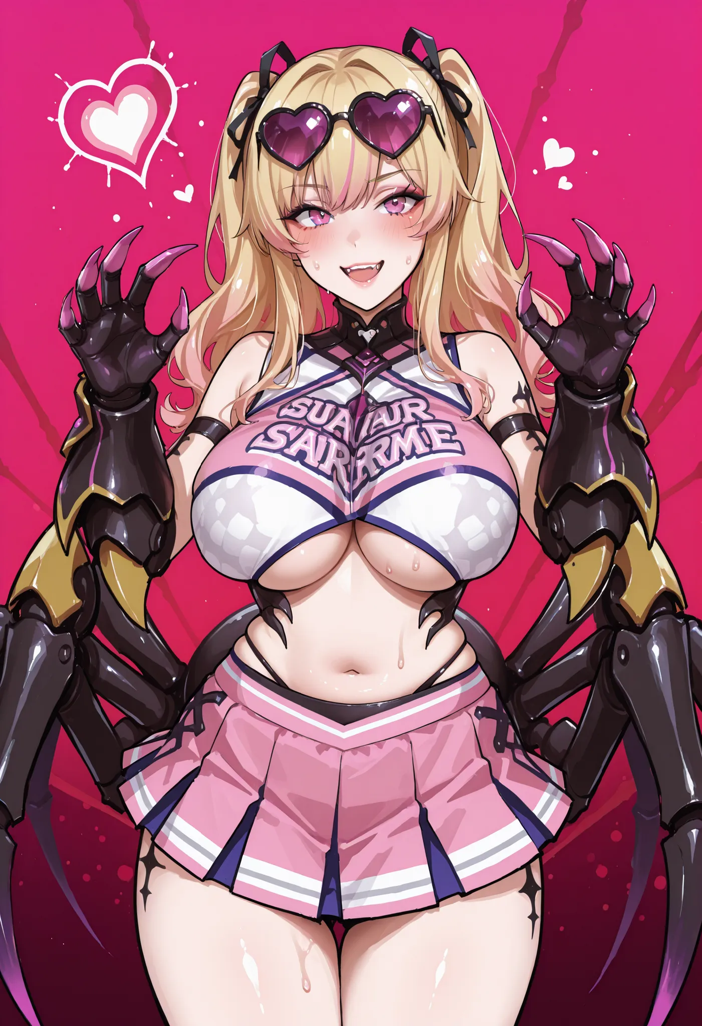 Gal Arachne. Blonde hair. Wavy twin-tail hair. Pink bangs. Heart sunglasses on head. Underboob costume. Cheerleader-style costume. Purple and pink costume. Black armored arms. Sharp claws. Pink claws. White spider body. Spider legs. Tarantula body.