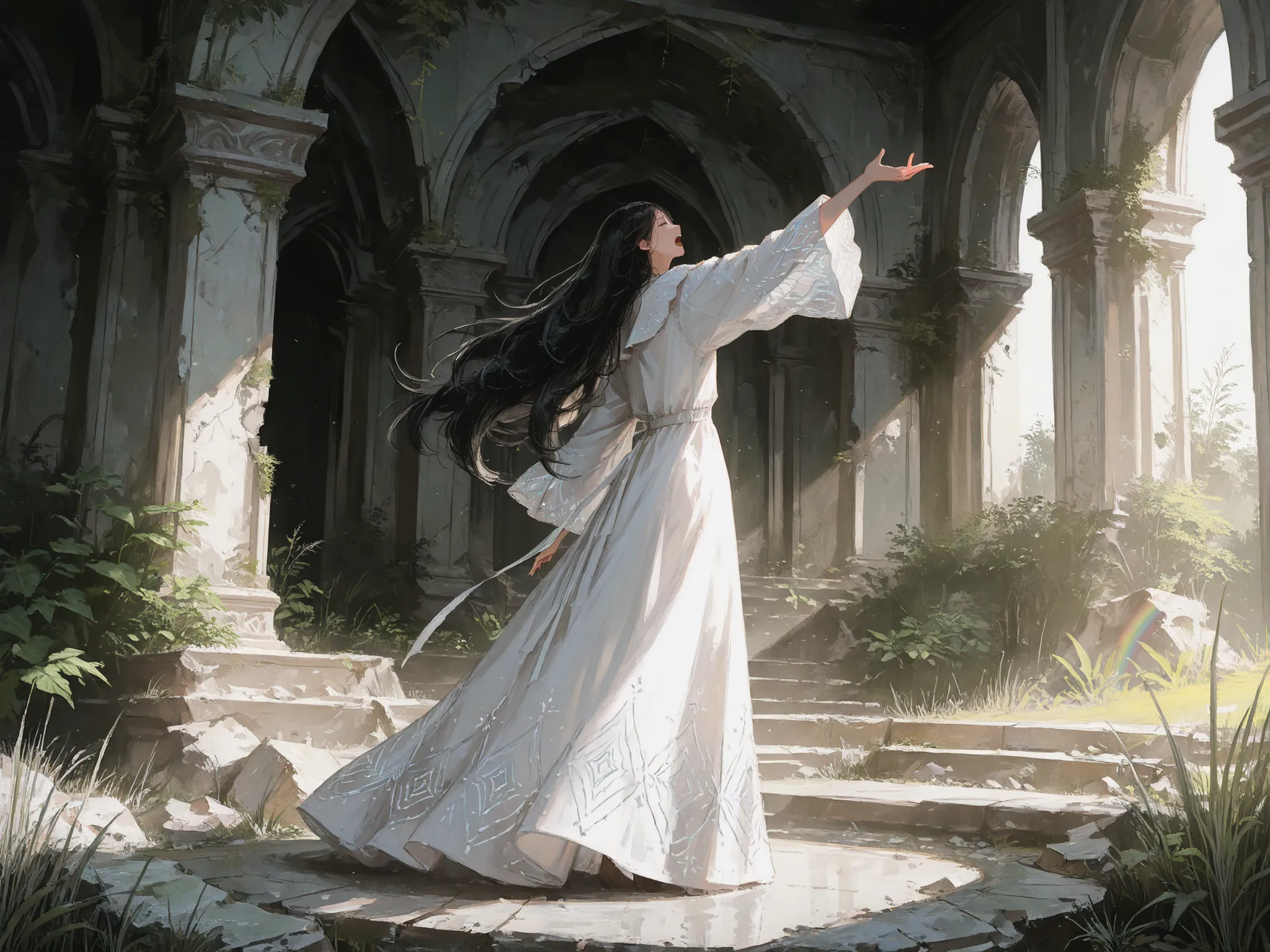 medium shot, makes an aesthetic, Master piece, Best Quality, ultra detailed, a beautiful girl, solo, very Long Hair, wavy black hair, diva, glowing white long dress of diva, dress with silver grass pattern, standing on a rotting stone stage, outstretched a...