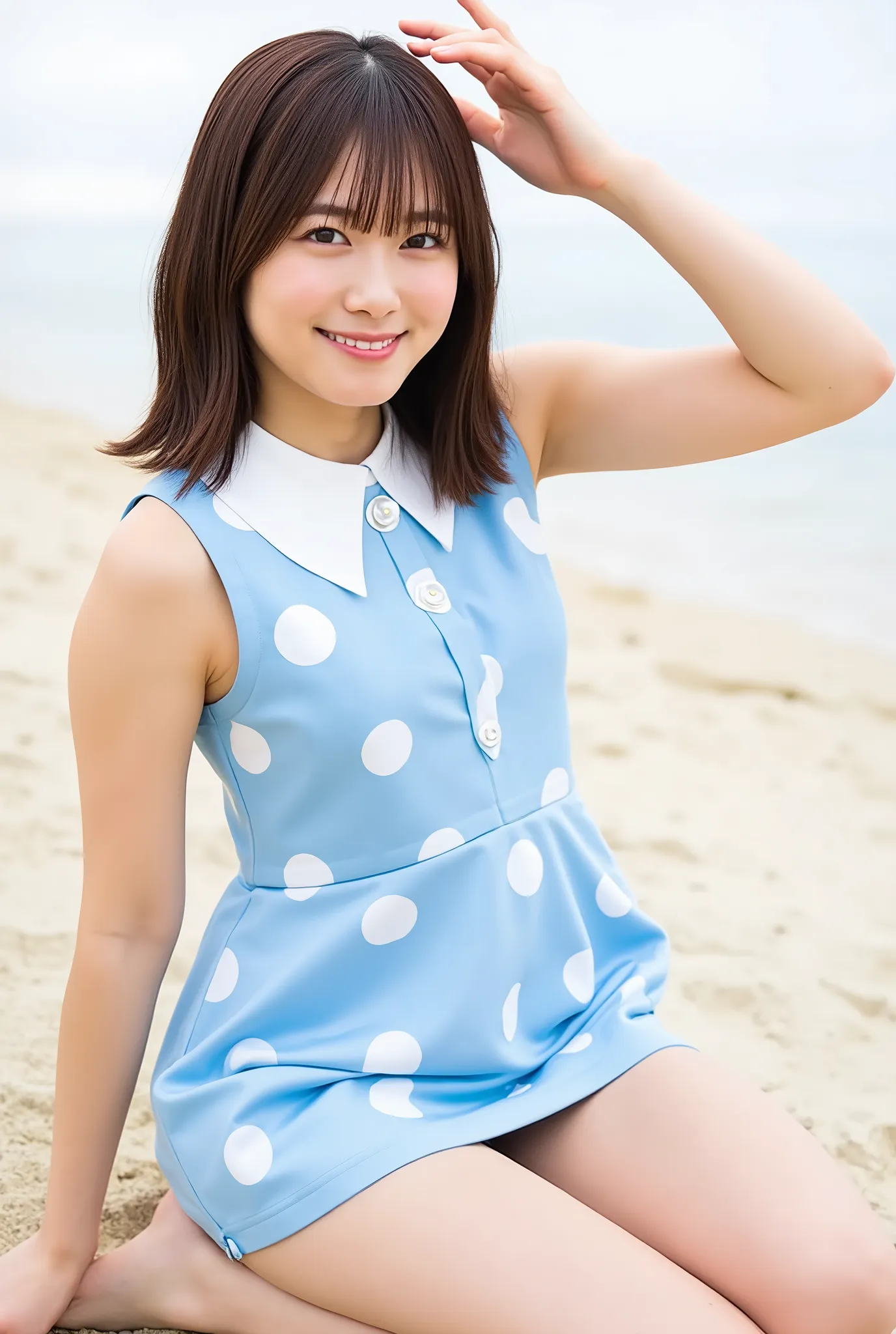 Sleeveless Super Mini Skirt Dress、Celorian Blue Super Mini Skirt Dress、big 、Kisaragi Honey's Outfit、Before Cutie Honey's Transformation、Warrior of Love、(white large round pattern)、open collar、cleavage、White Button、The color of the collar is white、thighs、Sa...