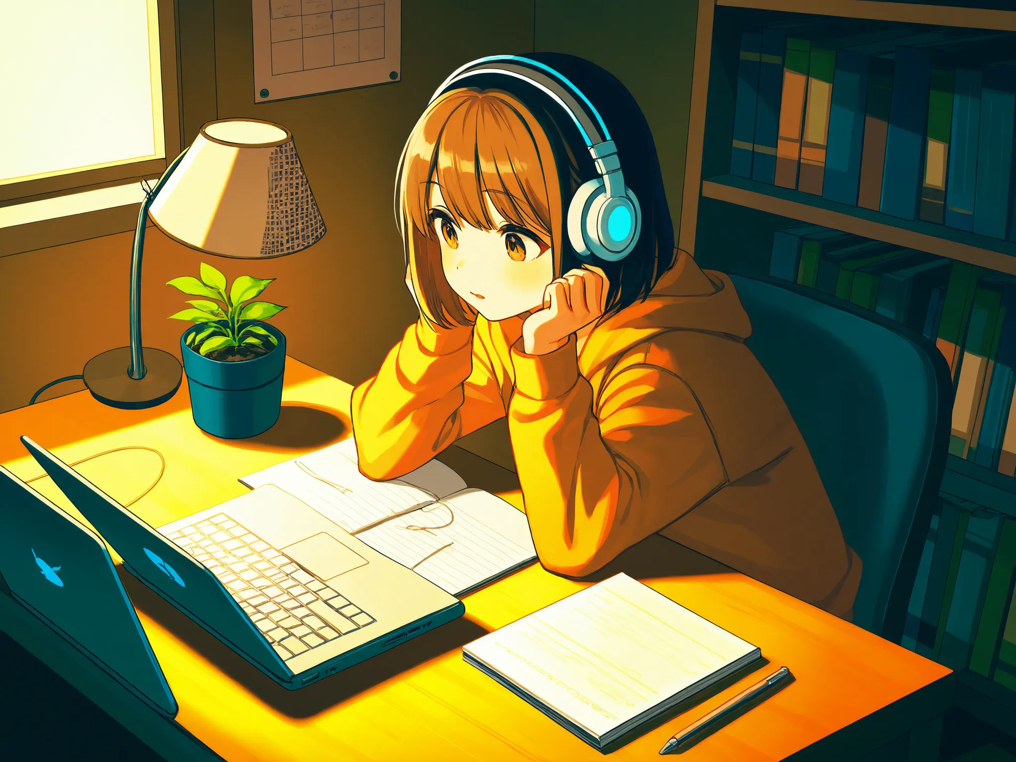 A girl with headphones is studying in her room, I focused deeply. She's sitting at her wooden desk、She's opening her notebook, laptop, and some textbooks. She's writing or typing It has an expression that is concentrating on things. The room has a cozy atm...