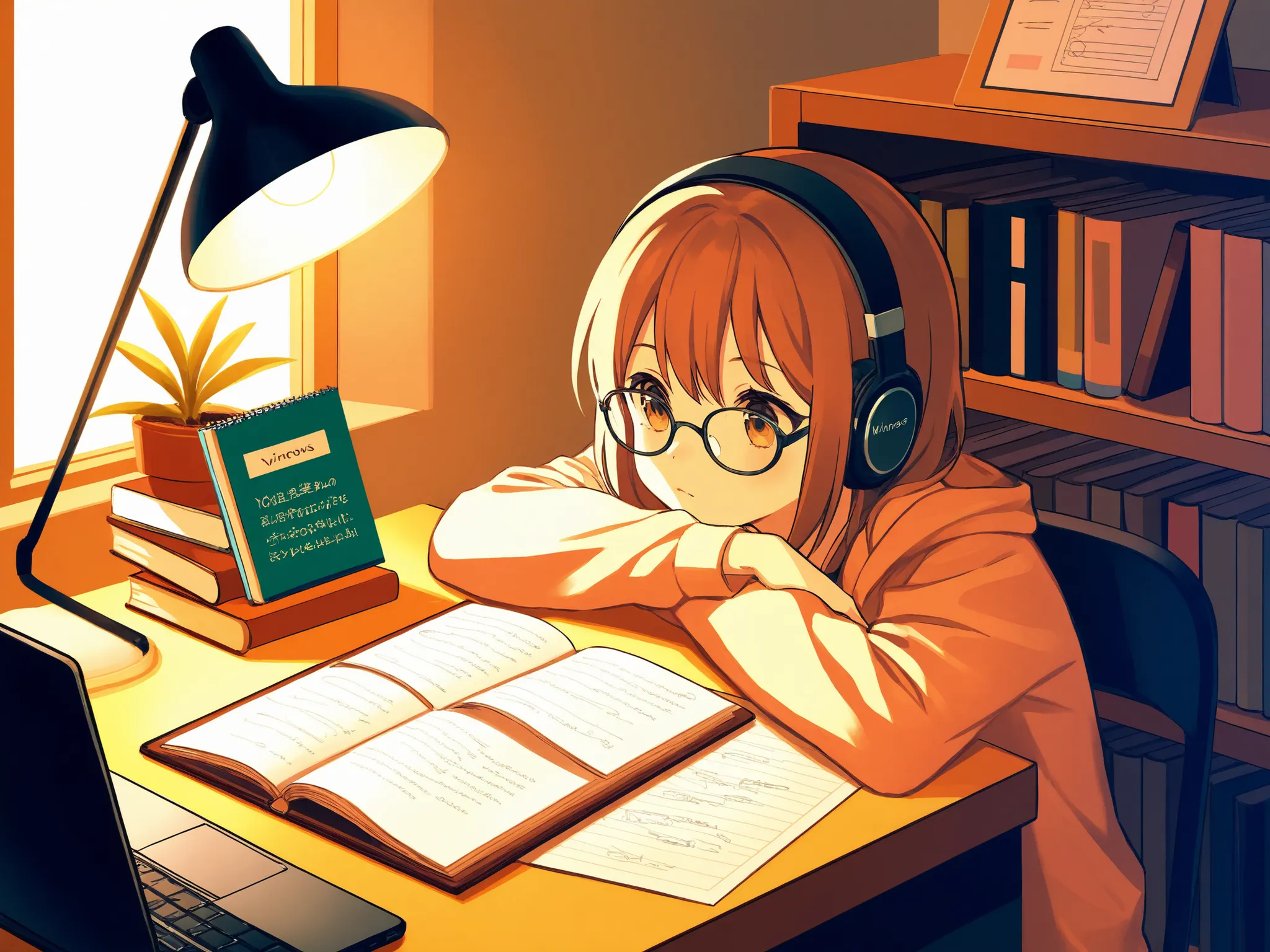 A girl with headphones is studying in her room, I focused deeply.She's opening her notebook, laptop, and some textbooks. She's writing or typing It has an expression that is concentrating on things. The room has a cozy atmosphere with a warm colored desk l...