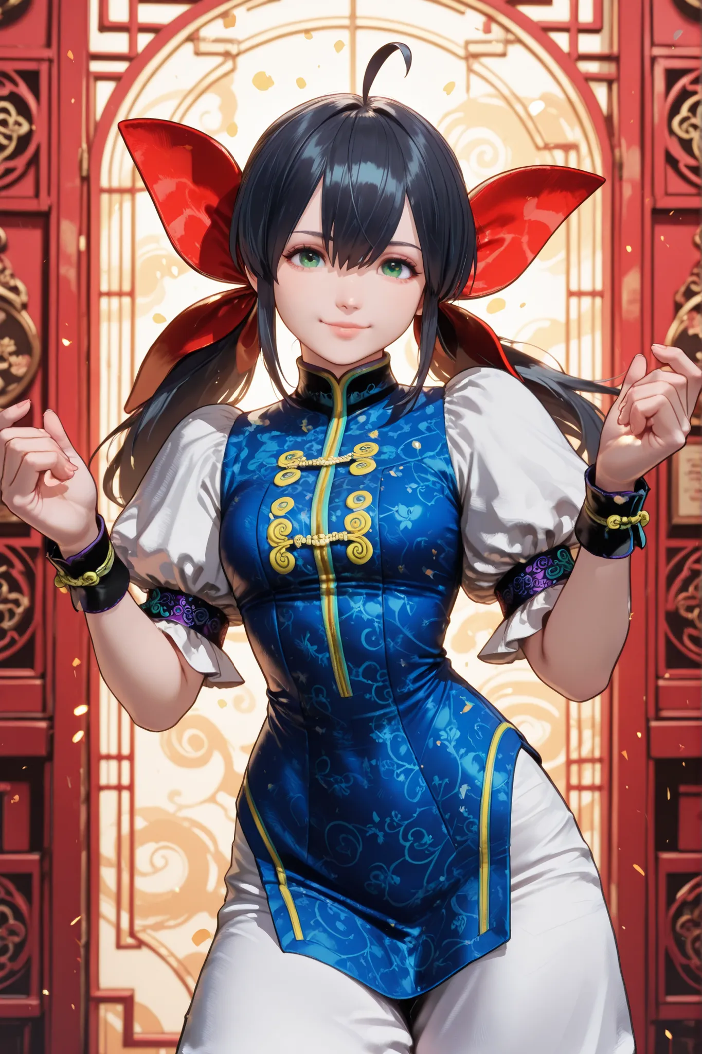 1girl, Hotaru Futaba, twintails, low twintails, long hair, hair between eyes, ahoge, black hair, blue eyes, green eyes, red bow, hair bow, hotaru_costume, puffy short sleeves, white pants, chinese clothes, black wrist cuffs, blue short dress, white shirt, ...