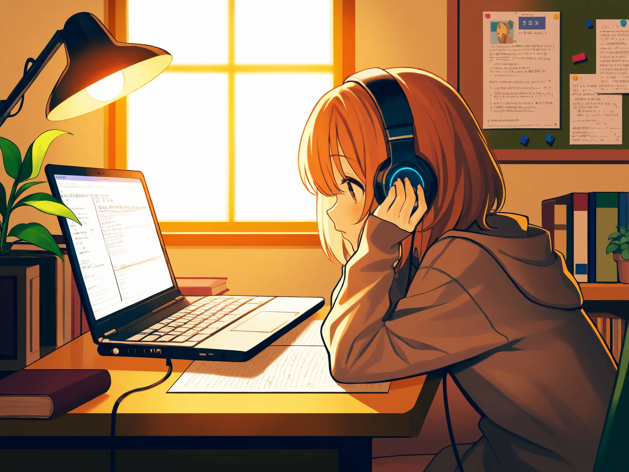 A girl with headphones is studying in her room, I focused deeply.She's opening her notebook, laptop, and some textbooks. She's writing or typing It has an expression that is concentrating on things. The room has a cozy atmosphere with a warm colored desk l...