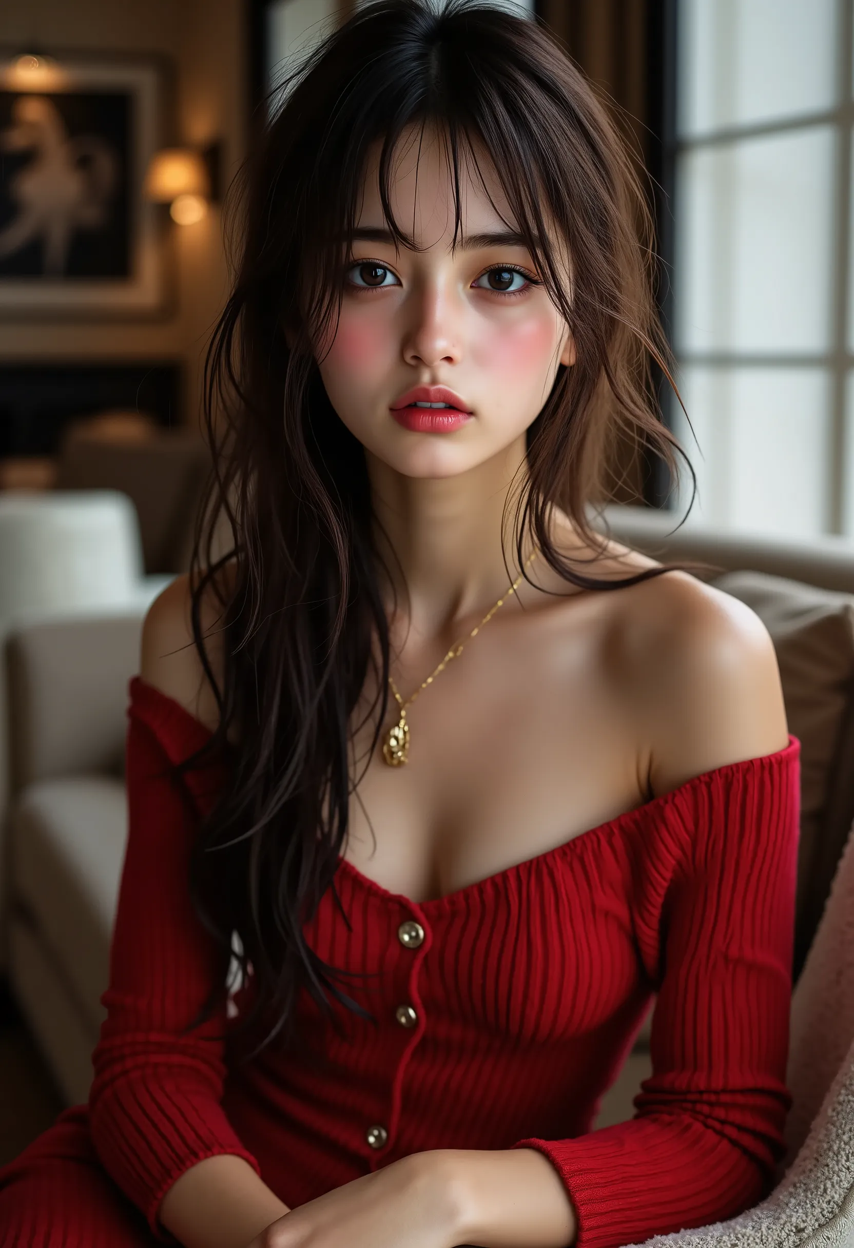 ((with text written on them)), ((Photorealistic:1.5)), (NSFW), Top quality, masterpiece, Ultra high resolution, realistic, absurd, ((very sexy pose)), ((black tight knit dress with off-shoulder and short length)), (1 person), ((very sexy and seductive pose...