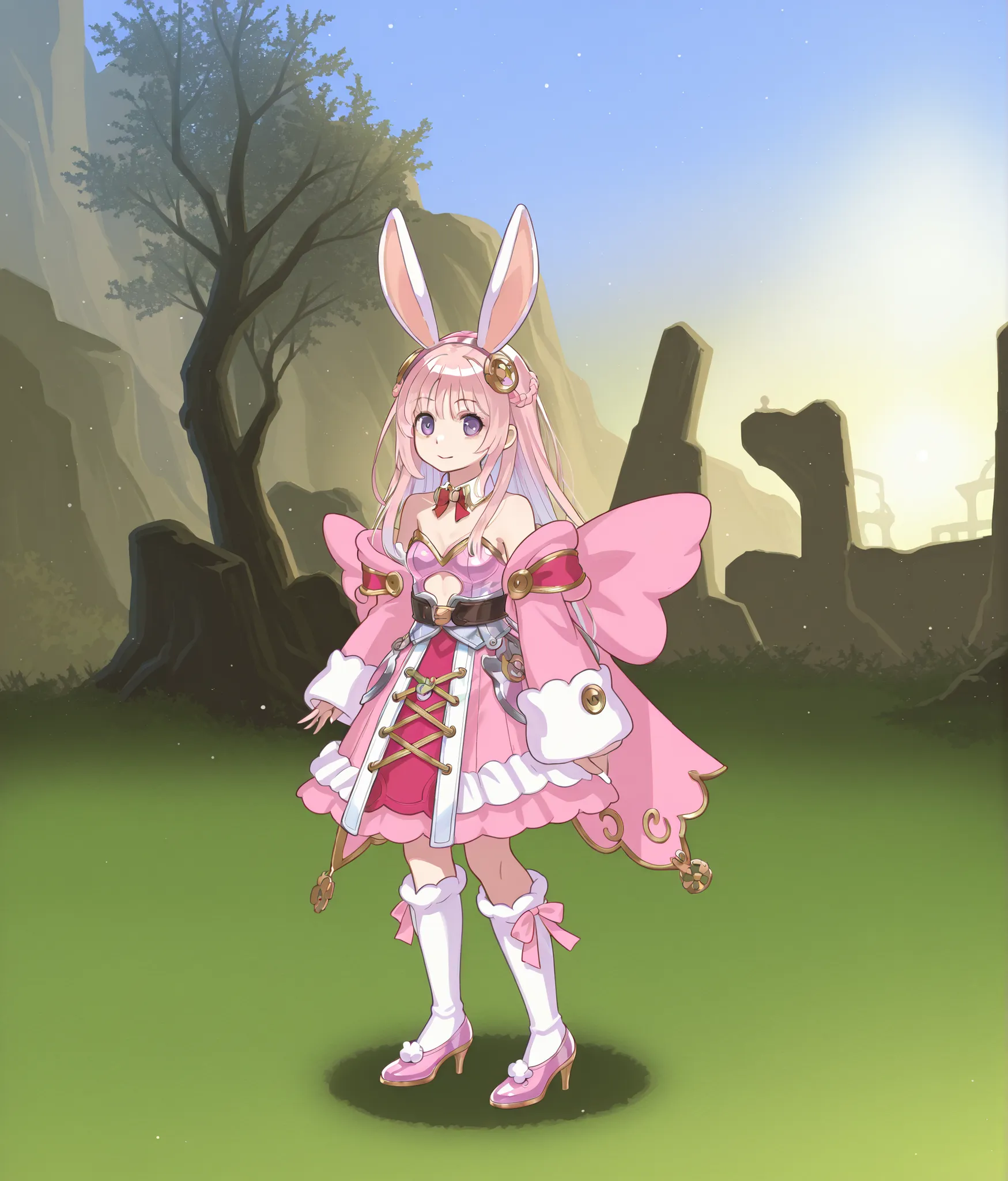 a close up of a person in a dress and a bunny ears, wearing a pink rabbit costume, rabbt_character, with big rabbit ears, madoka kaname, fantasy outfit, with bunny ears, bunny girl, rabbit warrior, with long floppy rabbit ears, wearing cybernetic bunny ear...
