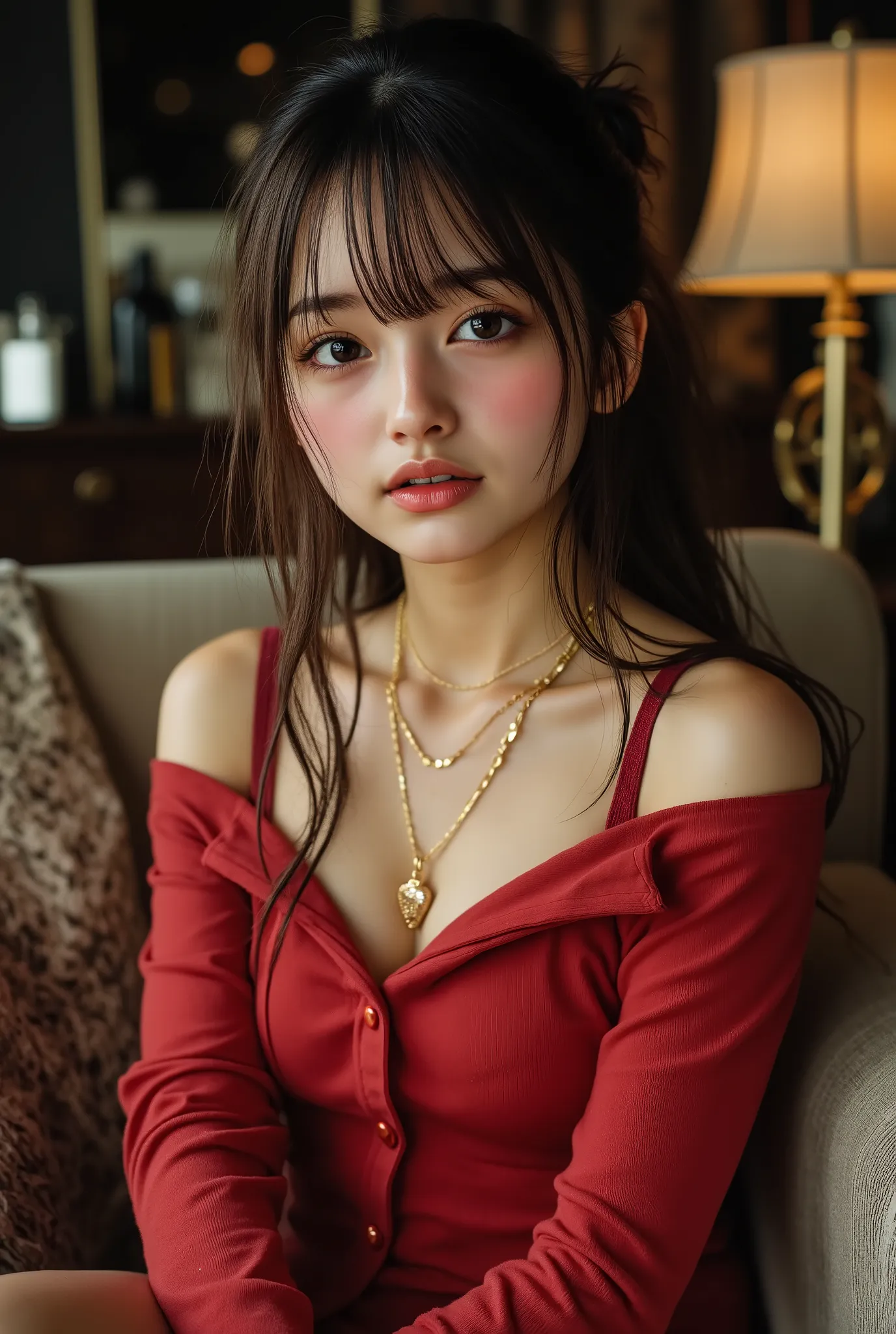 ((with text written on them)), ((Photorealistic:1.5)), (NSFW), Top quality, masterpiece, Ultra high resolution, realistic, absurd, ((very sexy pose)), ((black tight knit dress with off-shoulder and short length)), (1 person), ((very sexy and seductive pose...