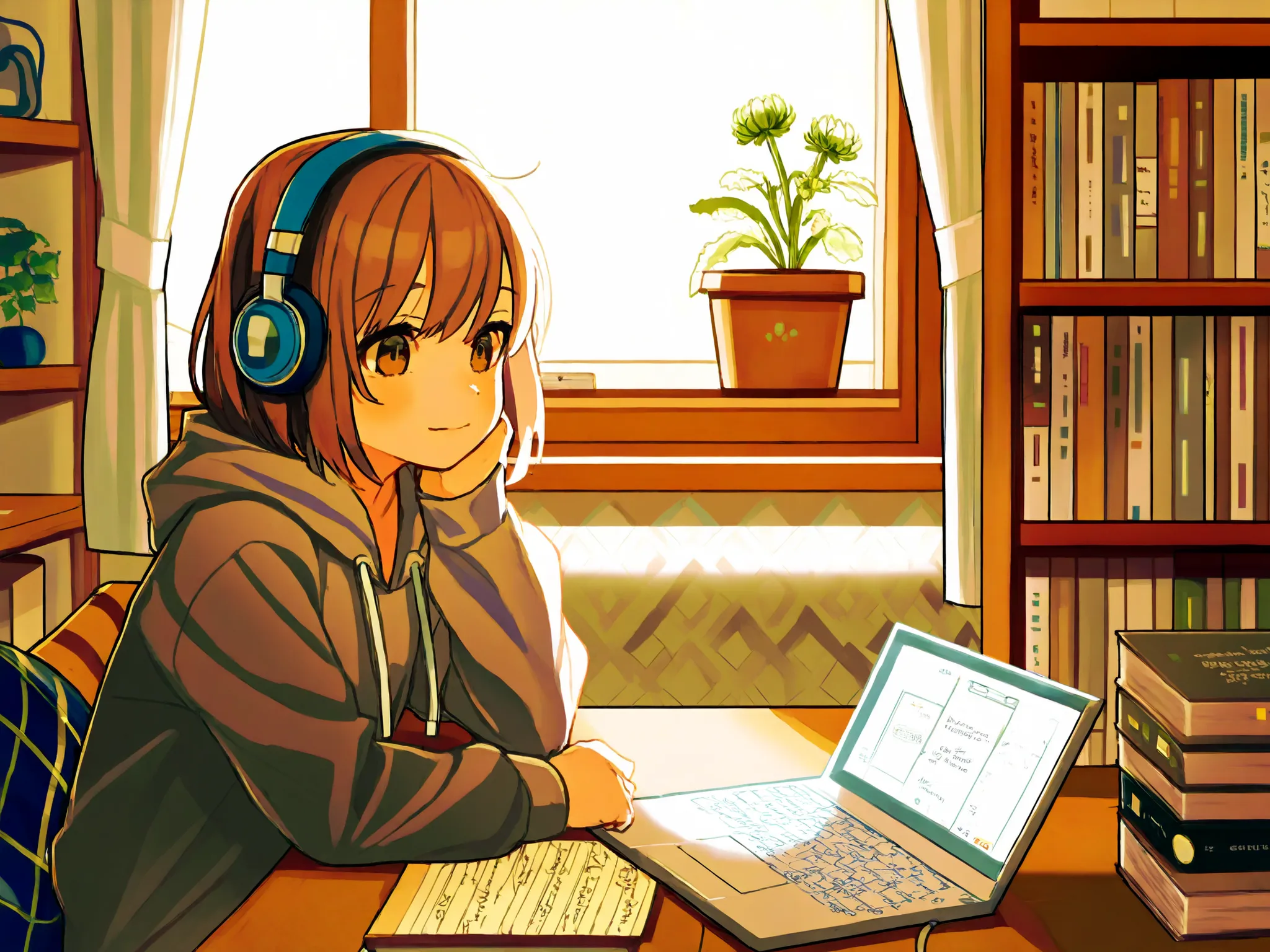 A girl with headphones is studying in her room, I focused deeply.She's opening her notebook, laptop, and some textbooks. and she's focused on writing or typing. The room has a cozy vibe, On the bookshelf、 full of books , windows with soft natural light. s...