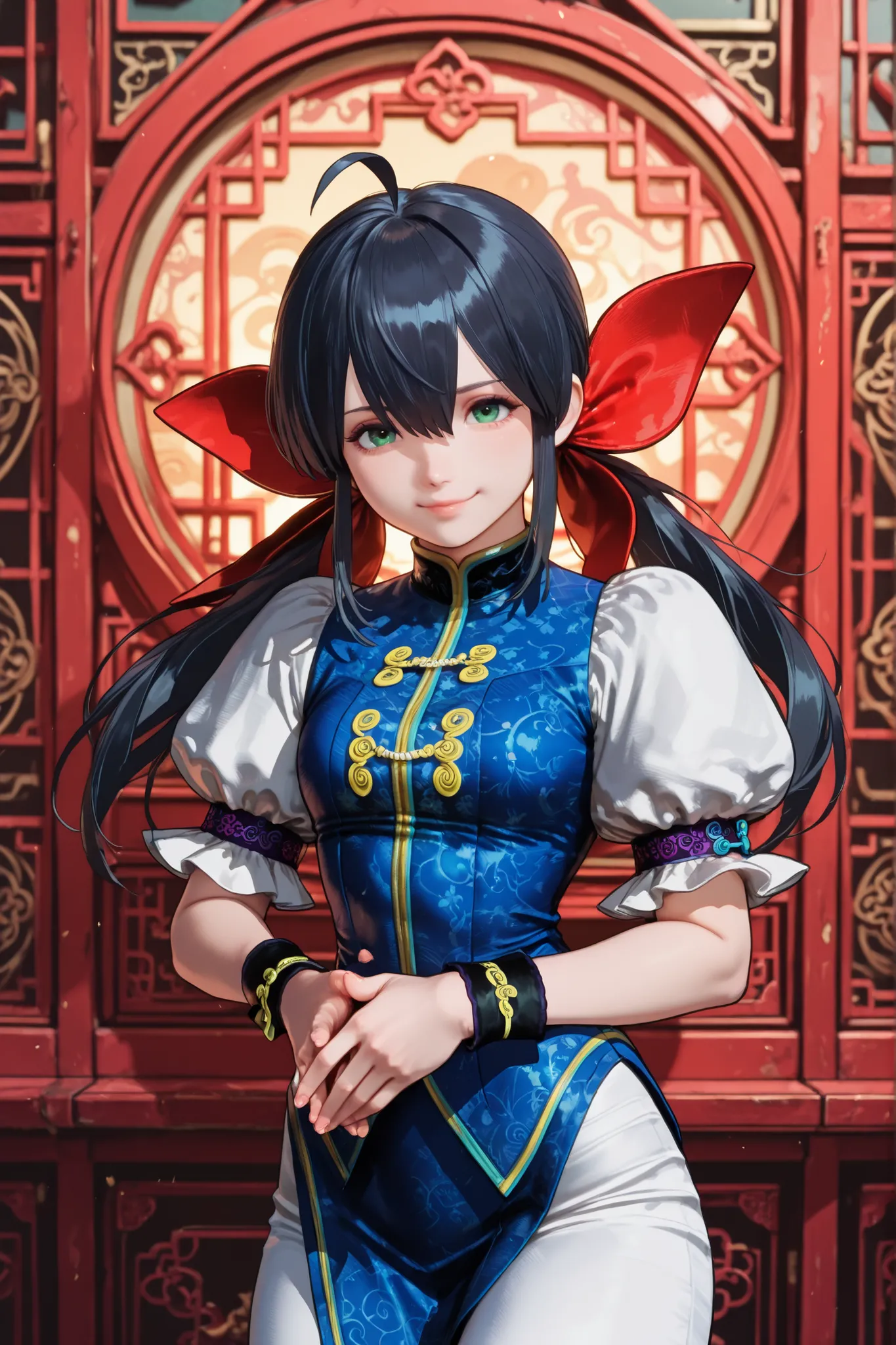 1girl, Hotaru Futaba, twintails, low twintails, long hair, hair between eyes, ahoge, black hair, blue eyes, green eyes, red bow, hair bow, hotaru_costume, puffy short sleeves, white pants, chinese clothes, black wrist cuffs, blue short dress, white shirt, ...