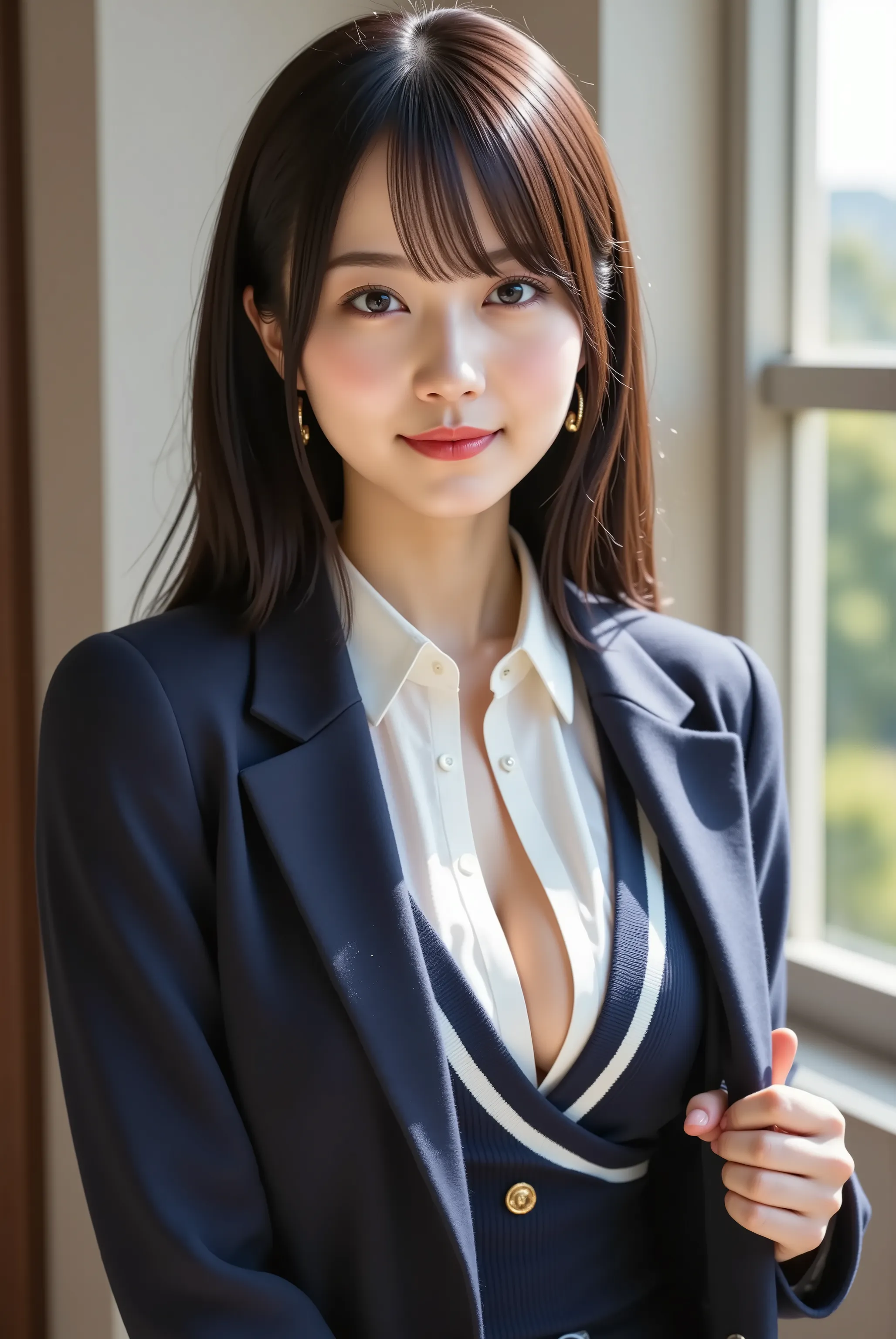 Subject: a slender realistic female with pumped firm full breasts and a wide, deep, boldly emphasized cleavage, wearing a crisp white collared shirt beneath a navy V-neck sweater vest trimmed with white stripes, layered under a tailored navy blazer bearing...