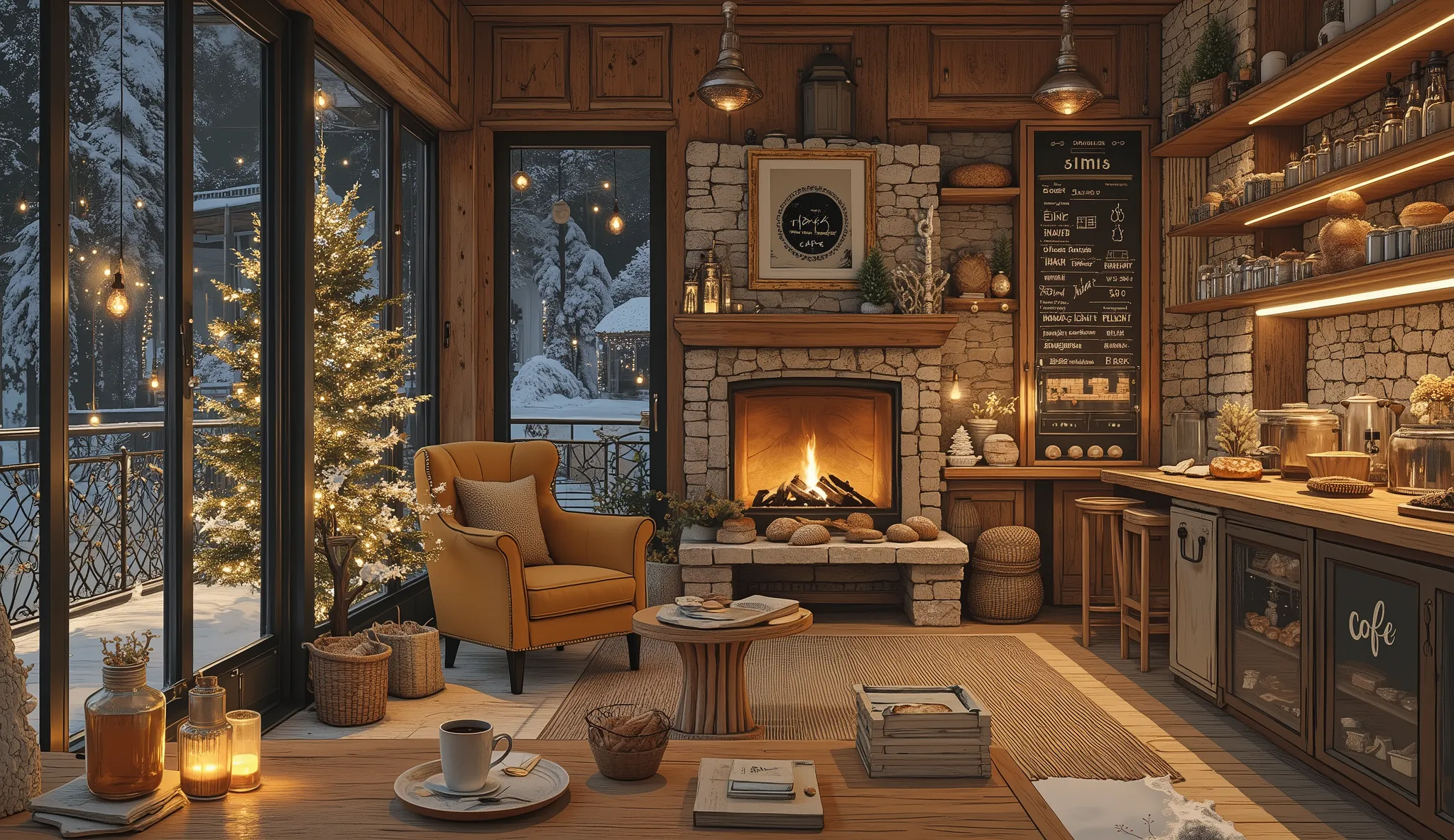 Cozy cabin with fireplace, không có cây Giáng sinhThe scene depicts a Cozy cabin with fireplace, without a rustic cafe Christmas tree, overlooking a beautiful Tranh sơn dầu và acrylic trên vải, một căn bếp của nhà bà ngoại vào ban đêm. Cảnh được dựng theo ...