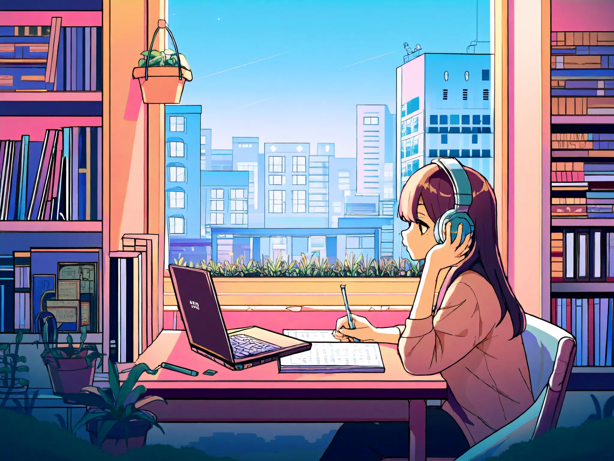 A woman wearing headphones is studying in her room, She's opening her notebook, laptop, and some textbooks. and she's focused on writing or typing. The room has a cozy vibe, On the bookshelf、 full of books , Outside the window is a city of buildings、 small...