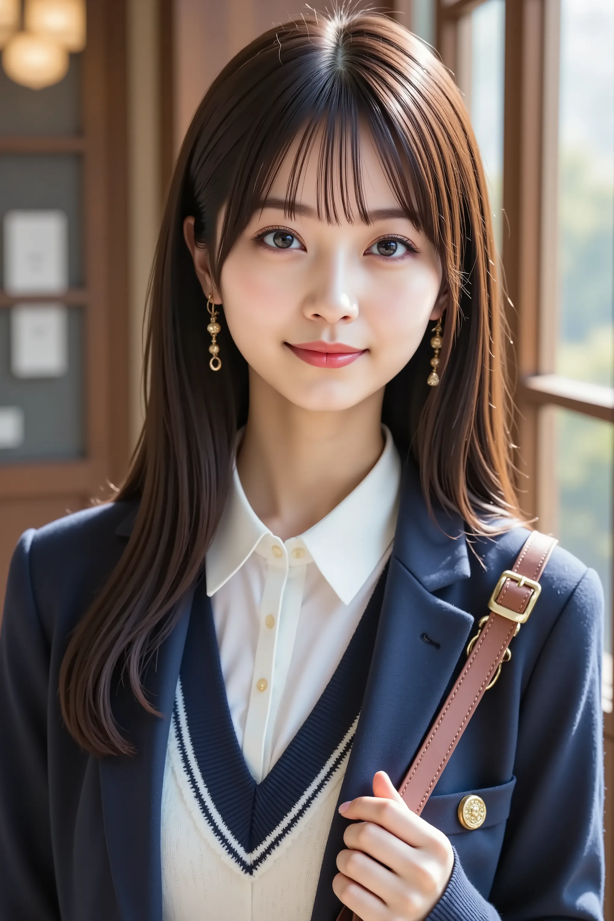 Subject: a slender realistic female with pumped firm full breasts and a wide, deep, boldly emphasized cleavage, wearing a crisp white collared shirt beneath a navy V-neck sweater vest trimmed with white stripes, layered under a tailored navy blazer bearing...