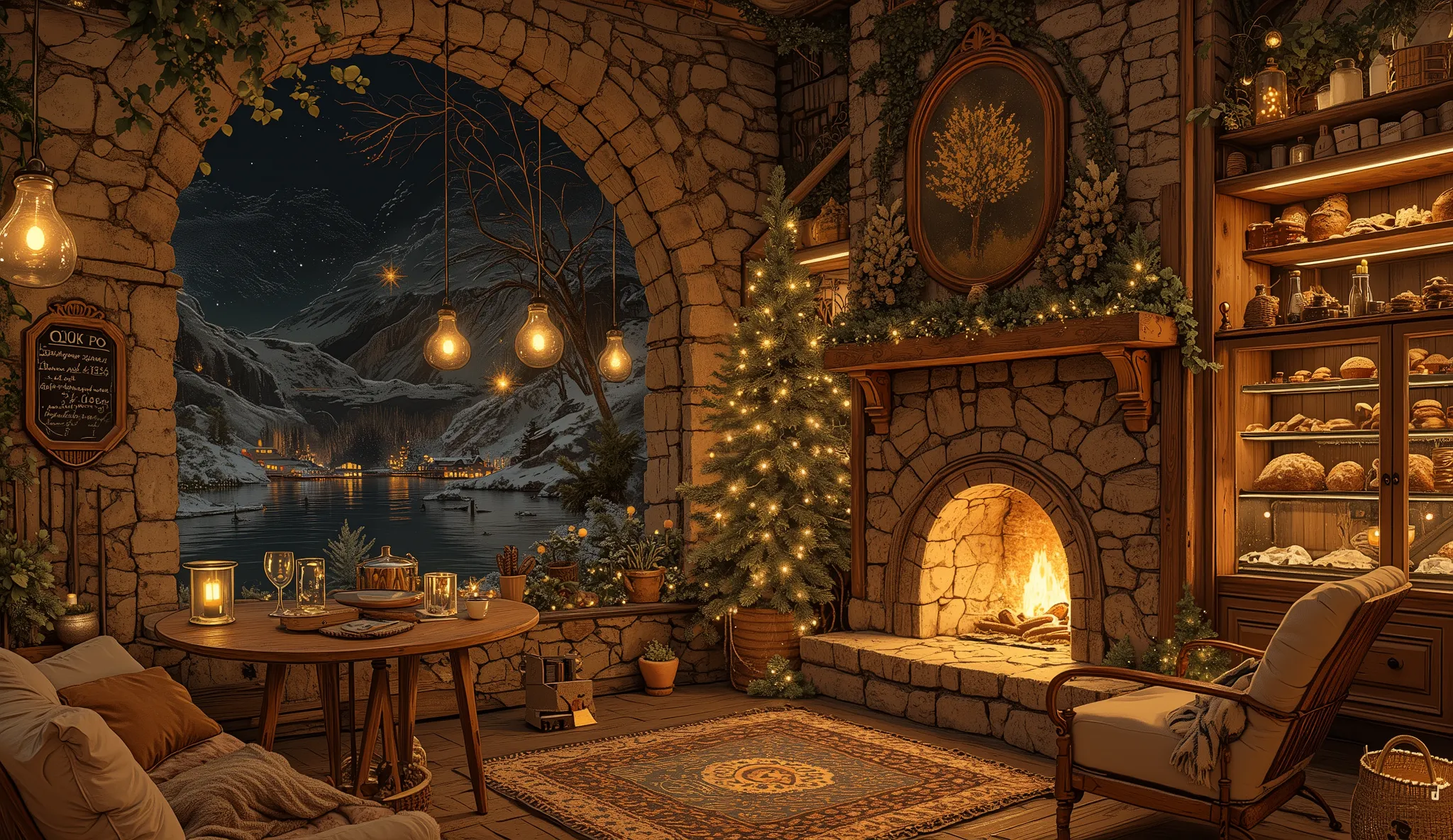 Cozy cabin with fireplace, không có cây Giáng sinhThe scene depicts a Cozy cabin with fireplace, without a rustic cafe Christmas tree, overlooking a beautiful Tranh sơn dầu và acrylic trên vải, một căn bếp của nhà bà ngoại vào ban đêm. Cảnh được dựng theo ...