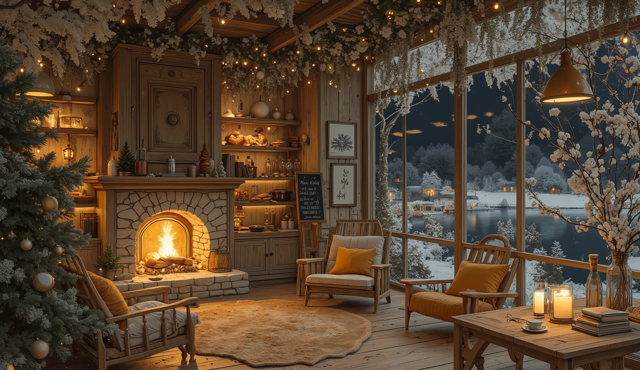 Cozy cabin with fireplace, không có cây Giáng sinhThe scene depicts a Cozy cabin with fireplace, without a rustic cafe Christmas tree, overlooking a beautiful Tranh sơn dầu và acrylic trên vải, một căn bếp của nhà bà ngoại vào ban đêm. Cảnh được dựng theo ...