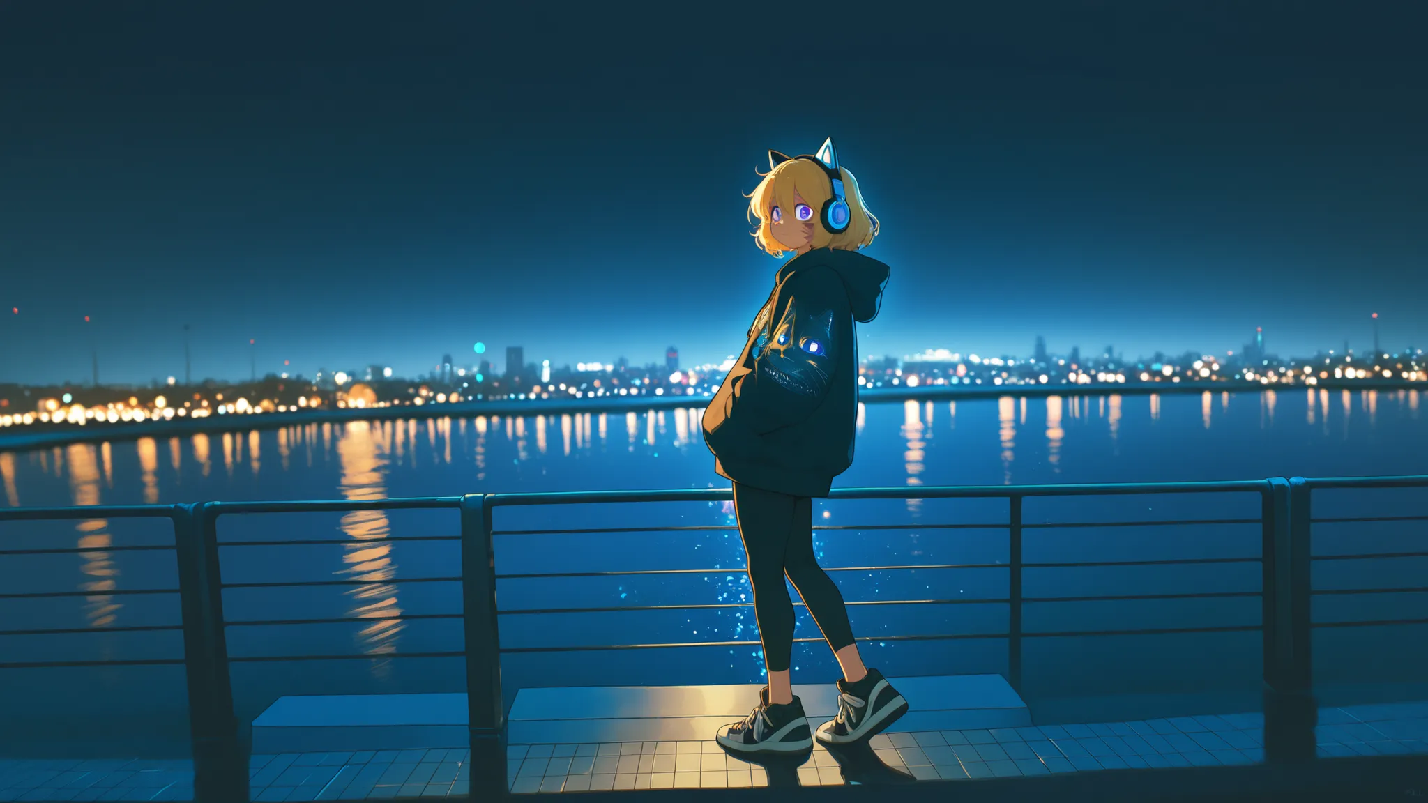 (zPDXL2) , (PonyXLV6_Scores) , source_furry, Expressiveh , full body shot , asymmetric image , BREAK Inhata4564 , Furry , female cat , cat facial features,athletic body ,lo-fi style,(solo:1.3), 1girl\(headphones, blonde\(long_sideburns\), cosmic_eyes, walk...