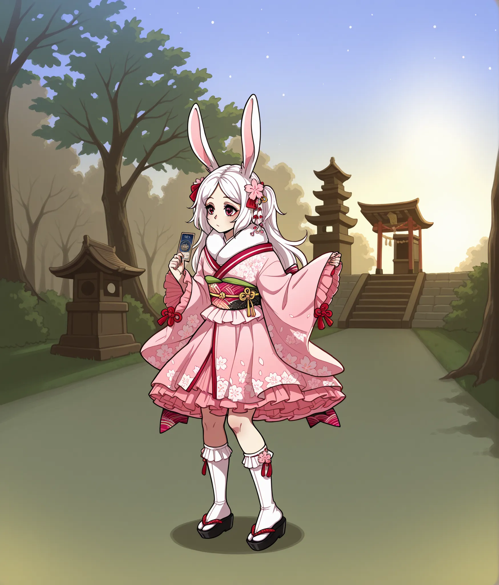 1 girl,downstairs,White hair,Rabbit ears,pink kimono dress,Sakura Kimono ,shrine girl's kimono,Tamamonomae,flirtatious , white silk socks,mid-calf socks, Tarot card background,Stars Backgrounds