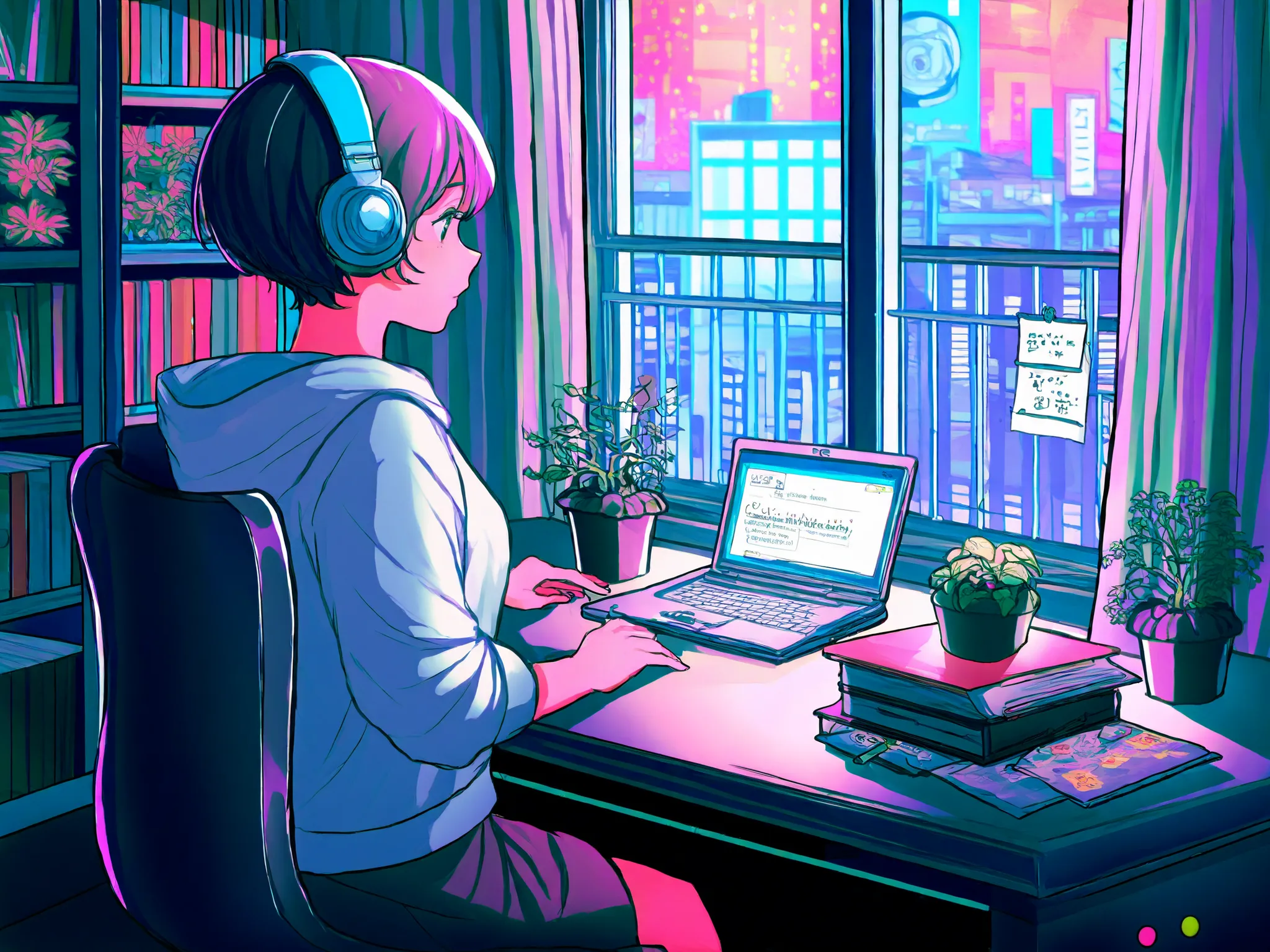 A woman wearing headphones is working in her room, She's opening her notebook, laptop, Some materials. and she's focused on writing or typing. The room is cozy and bright, Neon buildings outside the window、On the bookshelf、 full of books , small plants in...