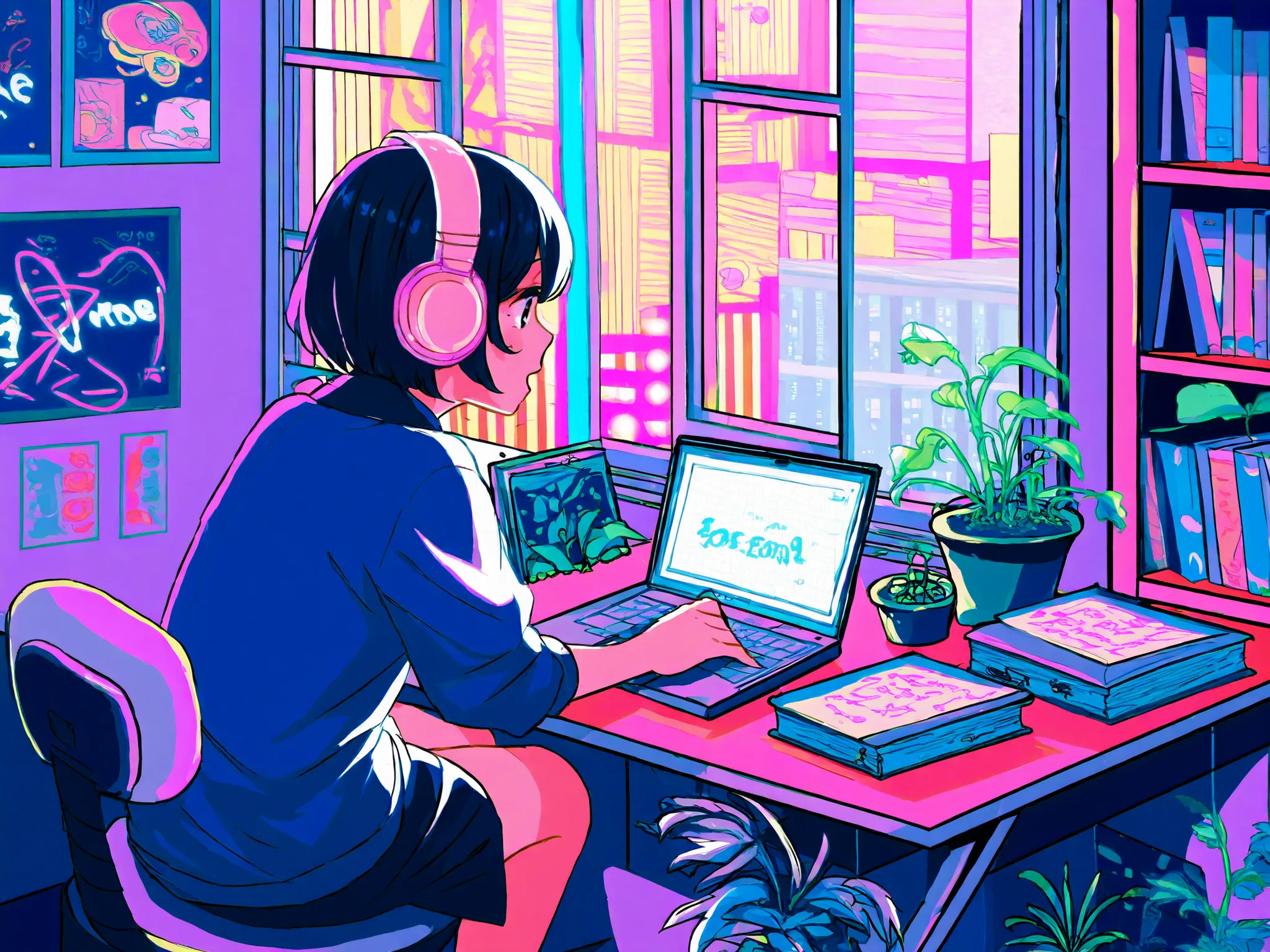 A woman wearing headphones is working in her room, She's opening her notebook, laptop, Some materials. and she's focused on writing or typing. The room is cozy and bright, Neon buildings outside the window、On the bookshelf、 full of books , small plants in...