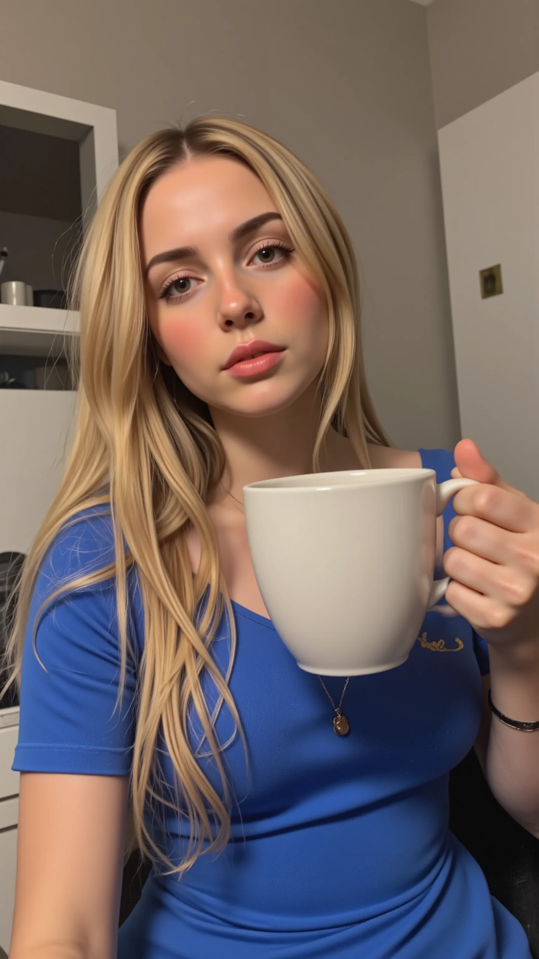 The HD images are、I'm relaxing in the kitchen and drinking coffee without realizing it、20 year old blonde woman taken from behind、(she's not looking at the camera)、Brown Eyes、(ブロンドのlong hair)、リアルでDetailed face、I notice the camera unexpectedly、Detailed face...