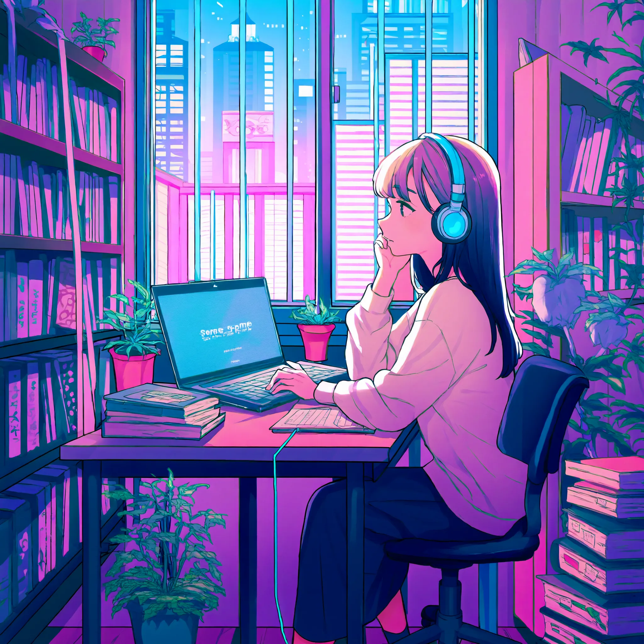 A woman wearing headphones is working in her room, She's opening her notebook, laptop, Some materials. and she's focused on writing or typing. The room is cozy and bright, Neon buildings outside the window、On the bookshelf、 full of books , small plants in...