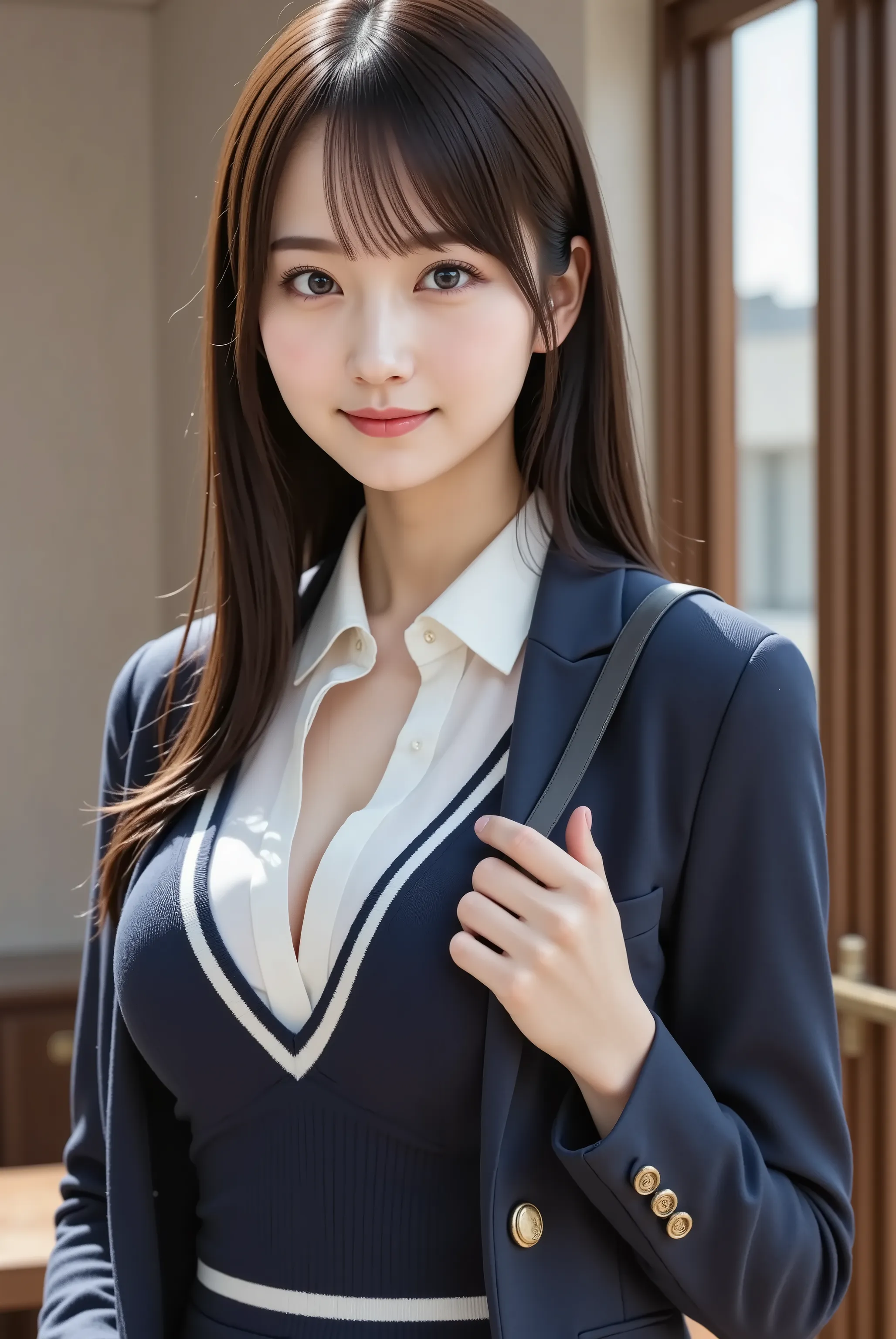 smile, Subject: a slender realistic female with pumped firm full breasts and a wide, deep, boldly emphasized cleavage, wearing a crisp white collared shirt beneath a navy V-neck sweater vest trimmed with white stripes, layered under a tailored navy blazer ...