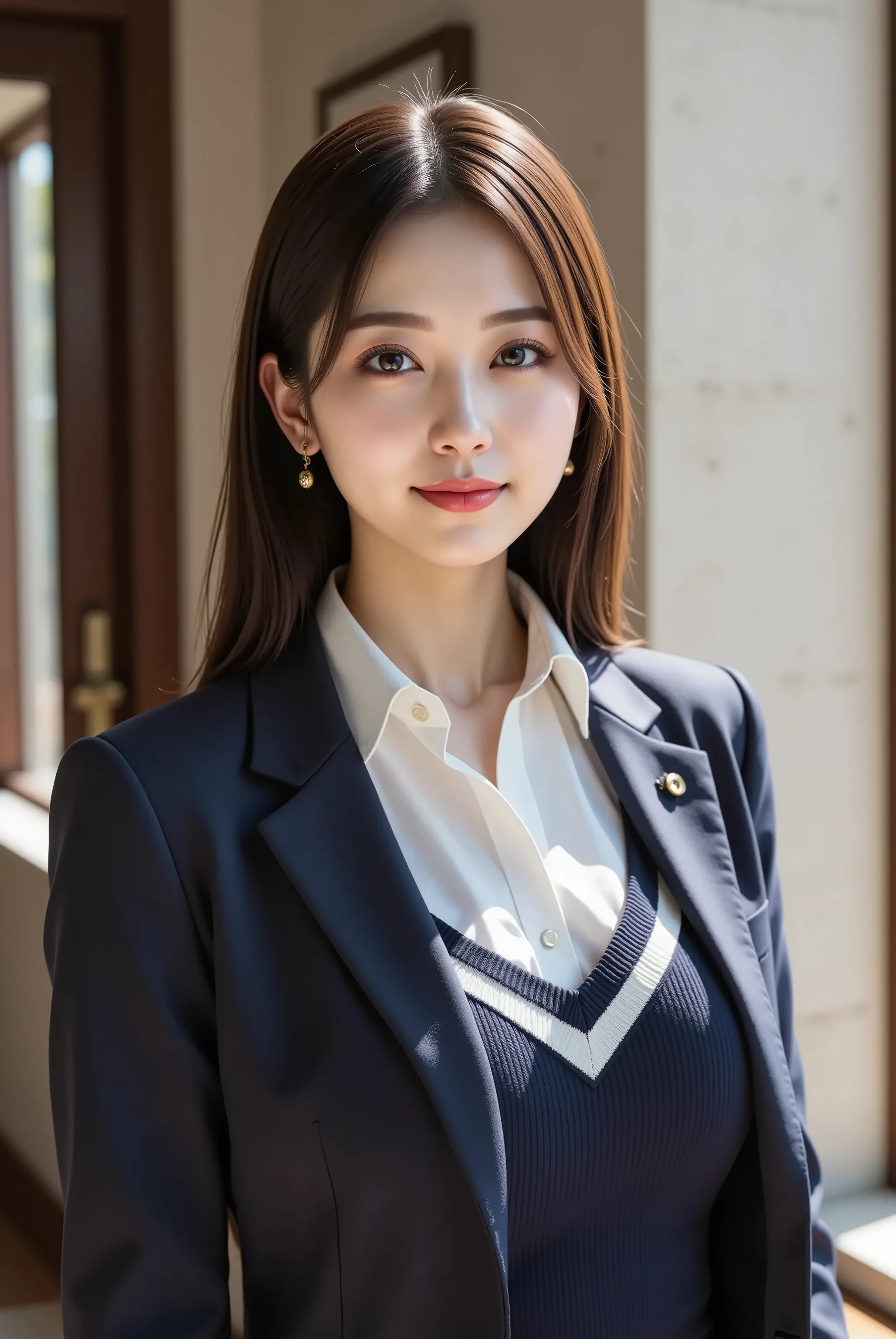 smile, hair styled in aplatinum blonde, gold hair,Subject: a slender realistic female with pumped firm full breasts and a wide, deep, boldly emphasized cleavage, wearing a crisp white collared shirt beneath a navy V-neck sweater vest trimmed with white str...
