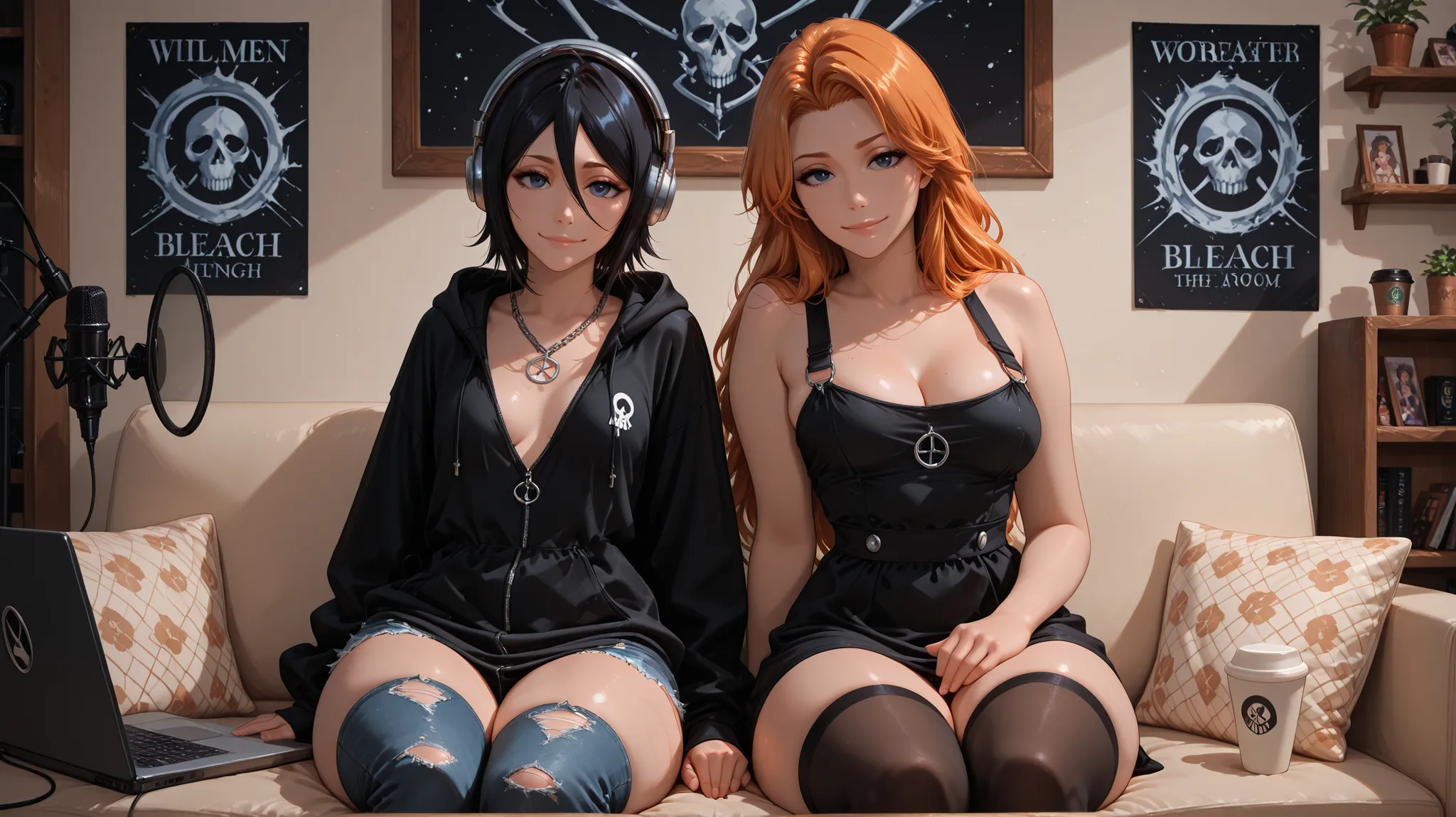 Two women sitting on a couch in a living room, both wearing black and blue outfits. matsumoto rangiku (bleach ) the woman on the left, with long orange hair and a slim body, is wearing a black sleeveless dress that accentuates her large breasts and is sitt...