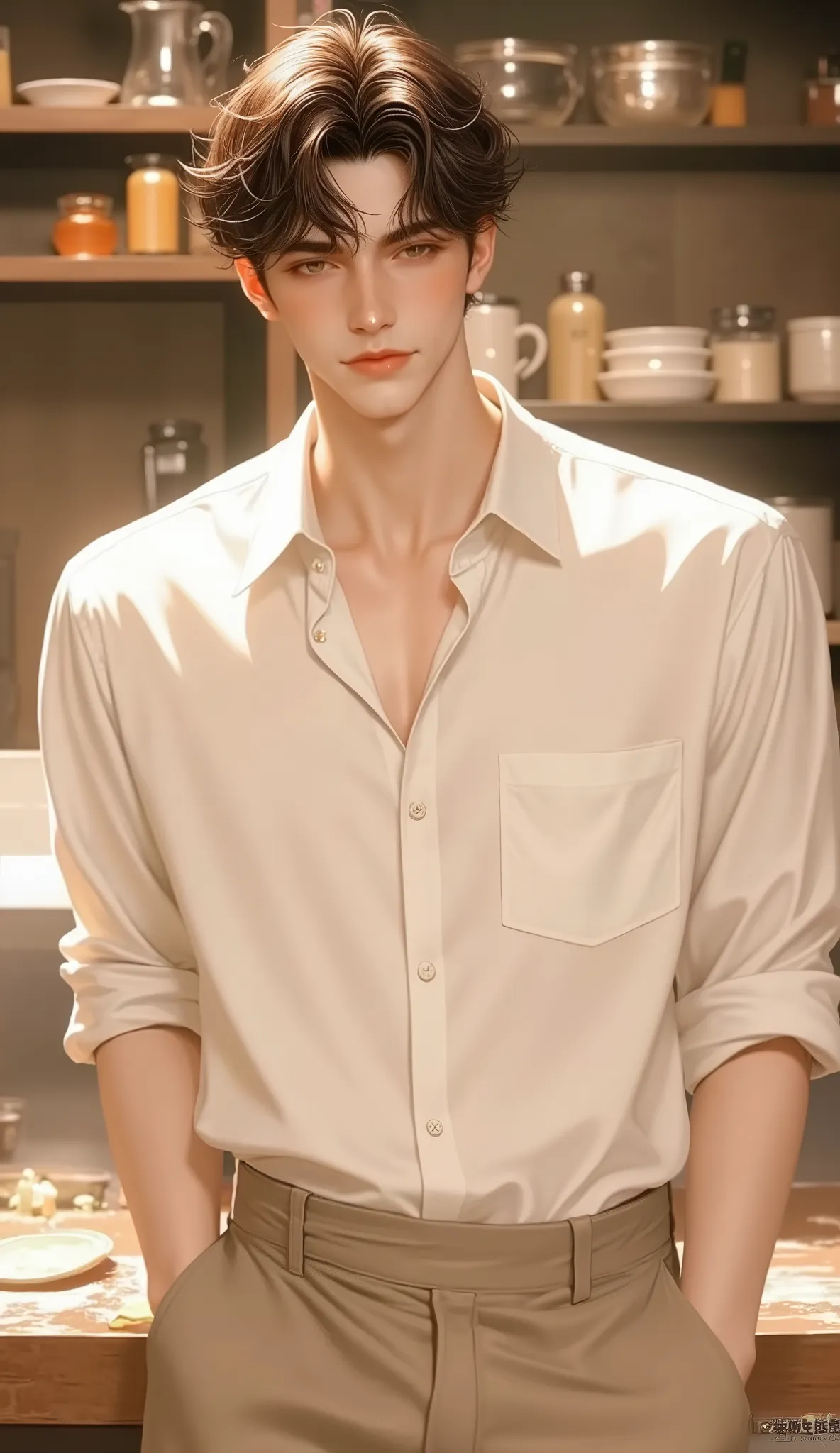 a man, Medium height ,Slightly skinny,Short brown curly hair,, bright eyes like stars,often have a shy smile on their face,Wear a simple white shirt and khaki pants,often have flour or frosting on their cuffs