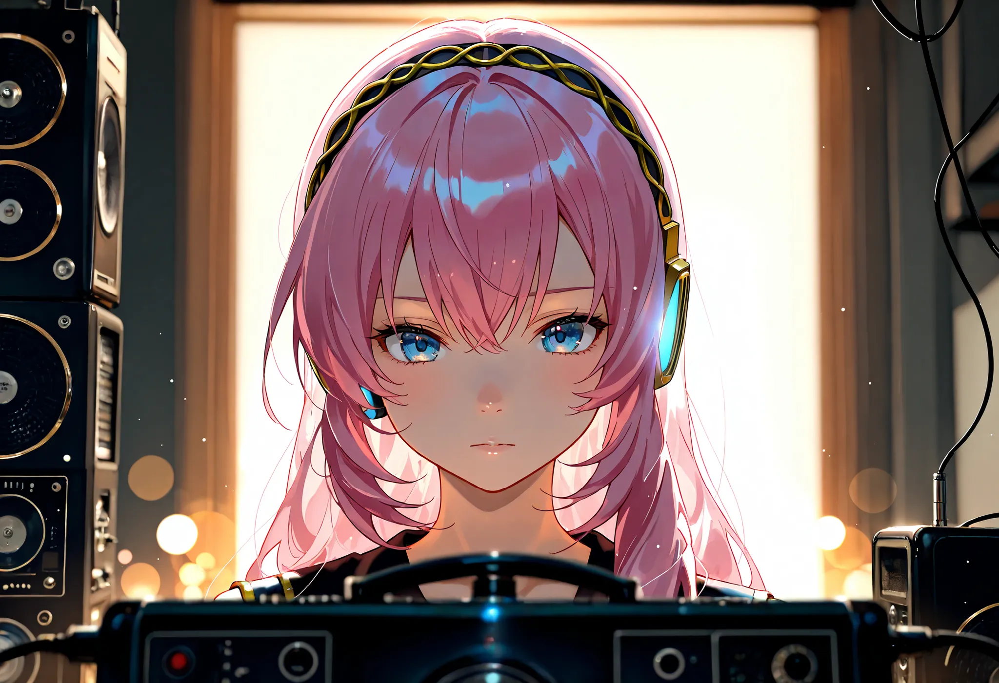 1girl, megurine luka, vocaloid, podcast, now on air, at midnight, radio studio, wide shot, girl focus, backlighting, depth of field, bokeh, backlight, extremely detailed, general, masterpiece, best quality, amazing quality, very aesthetic, absurdres, newes...