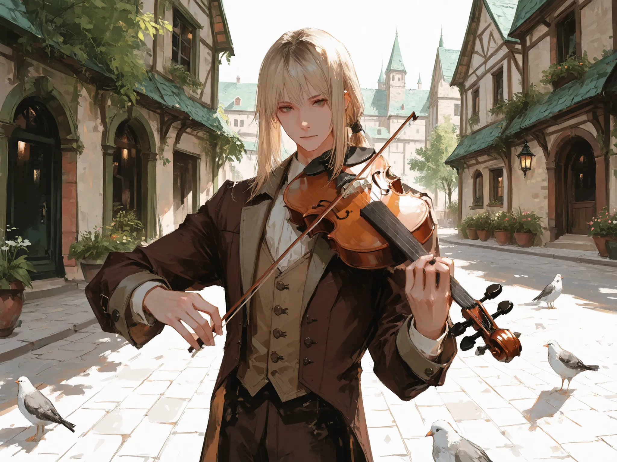 upper body, dutch angle, makes an aesthetic, Master piece, Best Quality, ultra detailed a handsome detailed man, (man:1.6), solo, male Long Hair, straight blond hair, (male:1.3) low pony-tail, brown tailcoat, standing, playing a violin, light smiling, str...