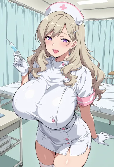 Score_9, score_8_up, score_7_up, source_anime, Bichiko, solo, Ochre hair, long_hair, wavy hair, hairclip, huge_breasts, violet eyes, gal, (best quality), (high quality), {masterpiece}, extremely delicate and beautiful, ultra-detailed, beautiful detailed ey...