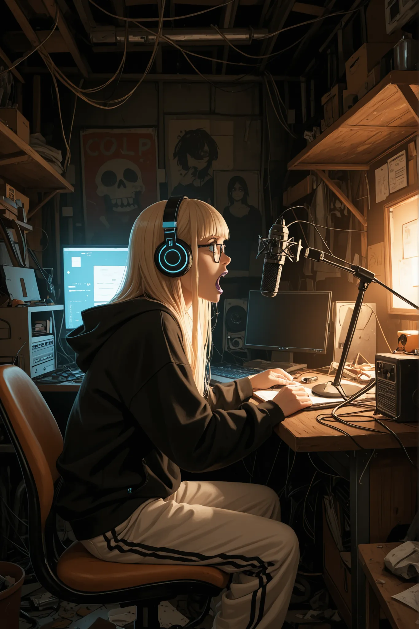 masterpiece,best quality,amazing quality,absurdres, (masterpiece), best quality, interior, dark, night, warm colors and lighting, small room, workshop, messy, ((clutter)), cluttered, claustrophobic, cozy, full of junk, desk, microphone, shelf, tech, multip...