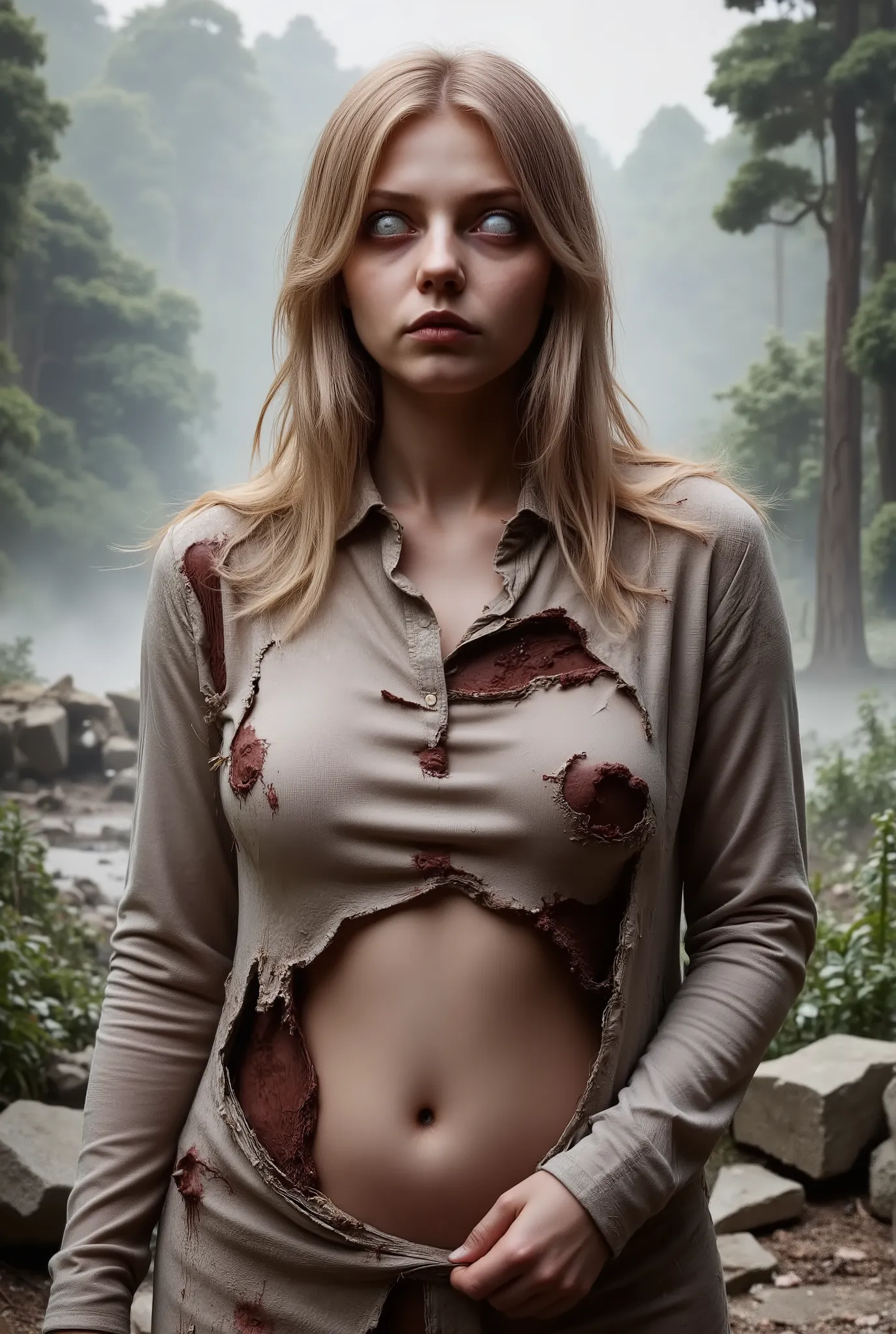 18 year old zombie woman, blonde hair, white eyes, a very beautiful sexual face, rotten skin, a body with big soft breasts, a chubby belly, a big, voluptuous, round butt, voluminous, curvy thighs, with the clothing in ruins.