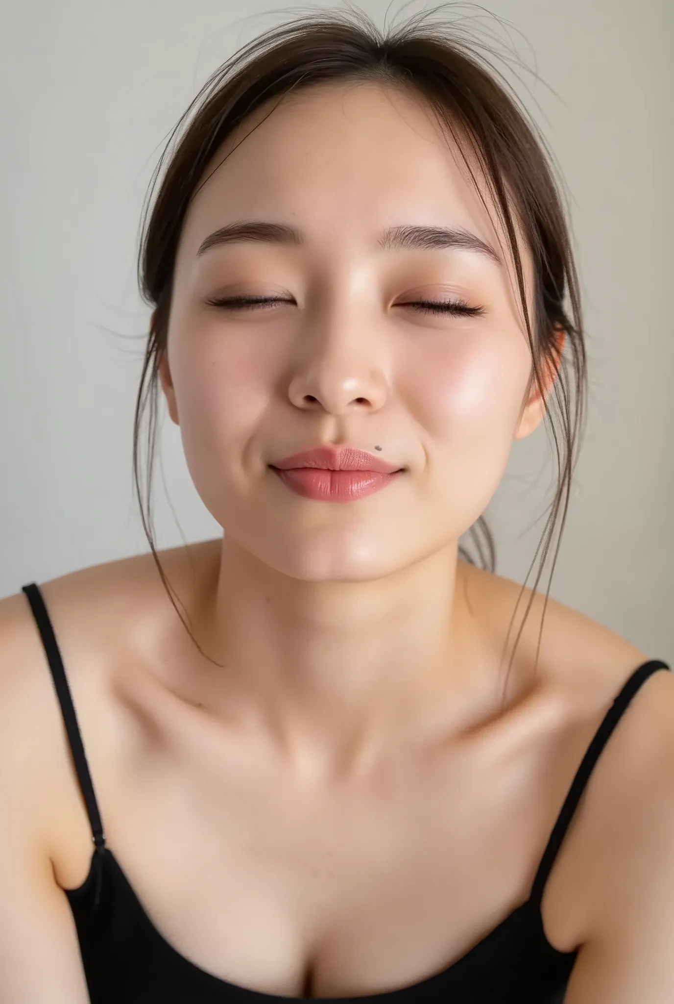beautiful young woman, eyes closed, euphoric smile, extremely puckered lips, lips pushed far forward, tight kissy mouth, lips forming a sharp O-shape, exaggerated kiss face, heart-shaped lips, ultra glossy pink lips, flushed cheeks, ears blushing, black ca...