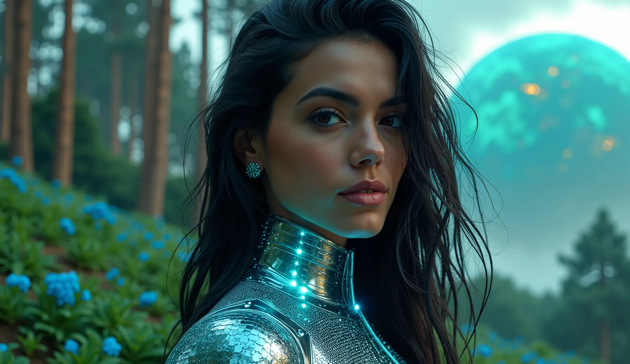 Futuristic image, create a Hyper realistic Latin biotype woman, brunette beautiful woman, brown eyes, black bright messy long hair blue luminescence, long hair, (((she wears a futuristic solid metallic suit with reflections and blue luminescence, technolog...