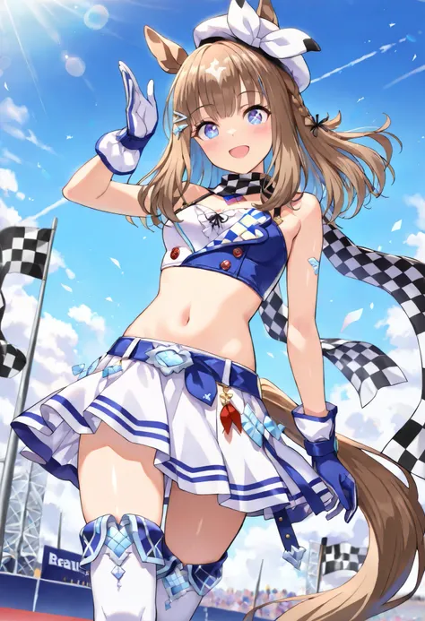 (masterpiece, best quality, perfect face:1.4), wide angle, almond eye \(umamusume\), white hair ornament, horse ears, horse tail, tail on the lower back, proportional body, proportional,1 girl, beautiful hair, beautiful face, beautiful detailed eyes, beaut...