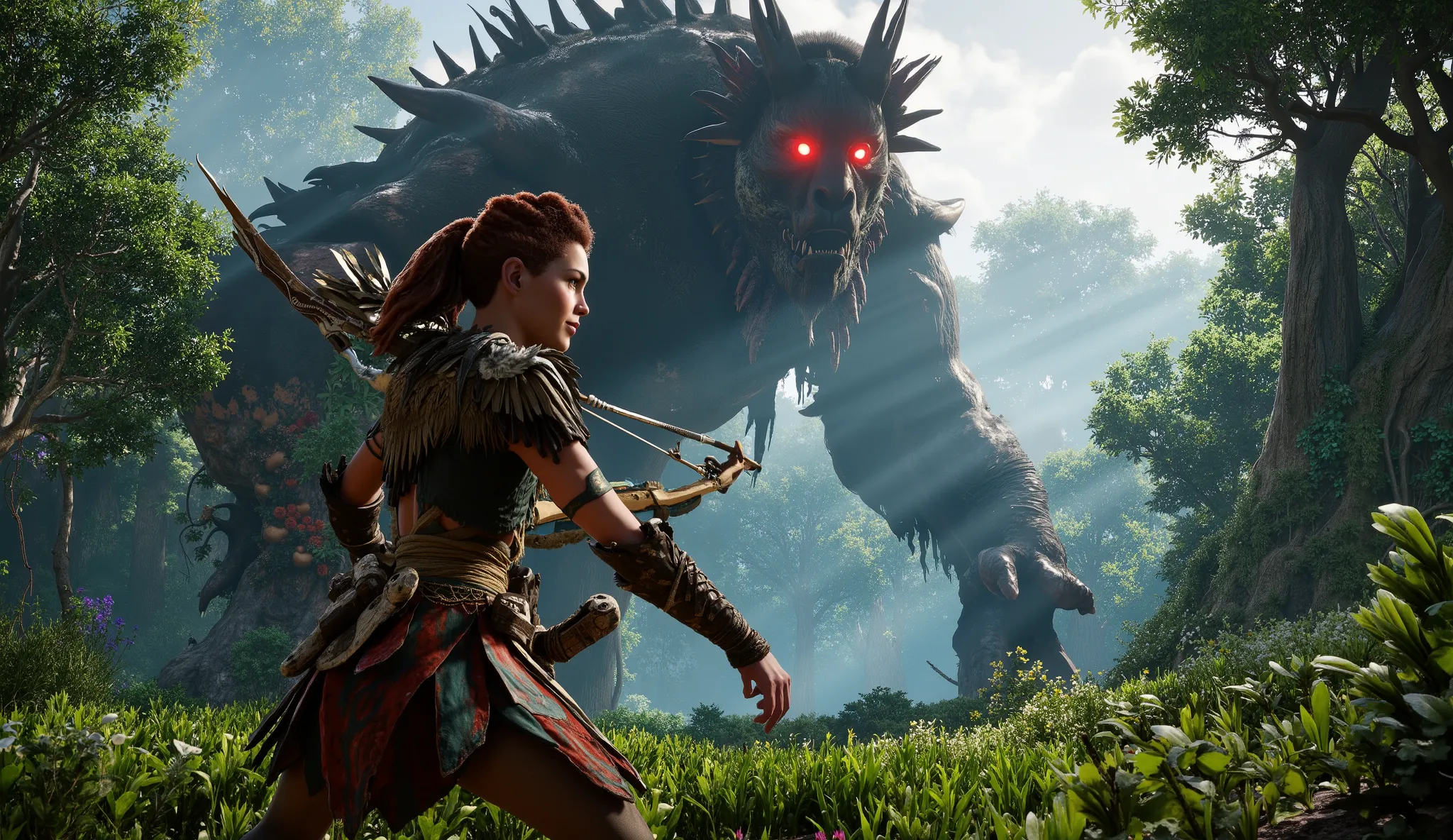 Aloy is in the jungle and with a bow and arrow she faces an enormous tyrannical.